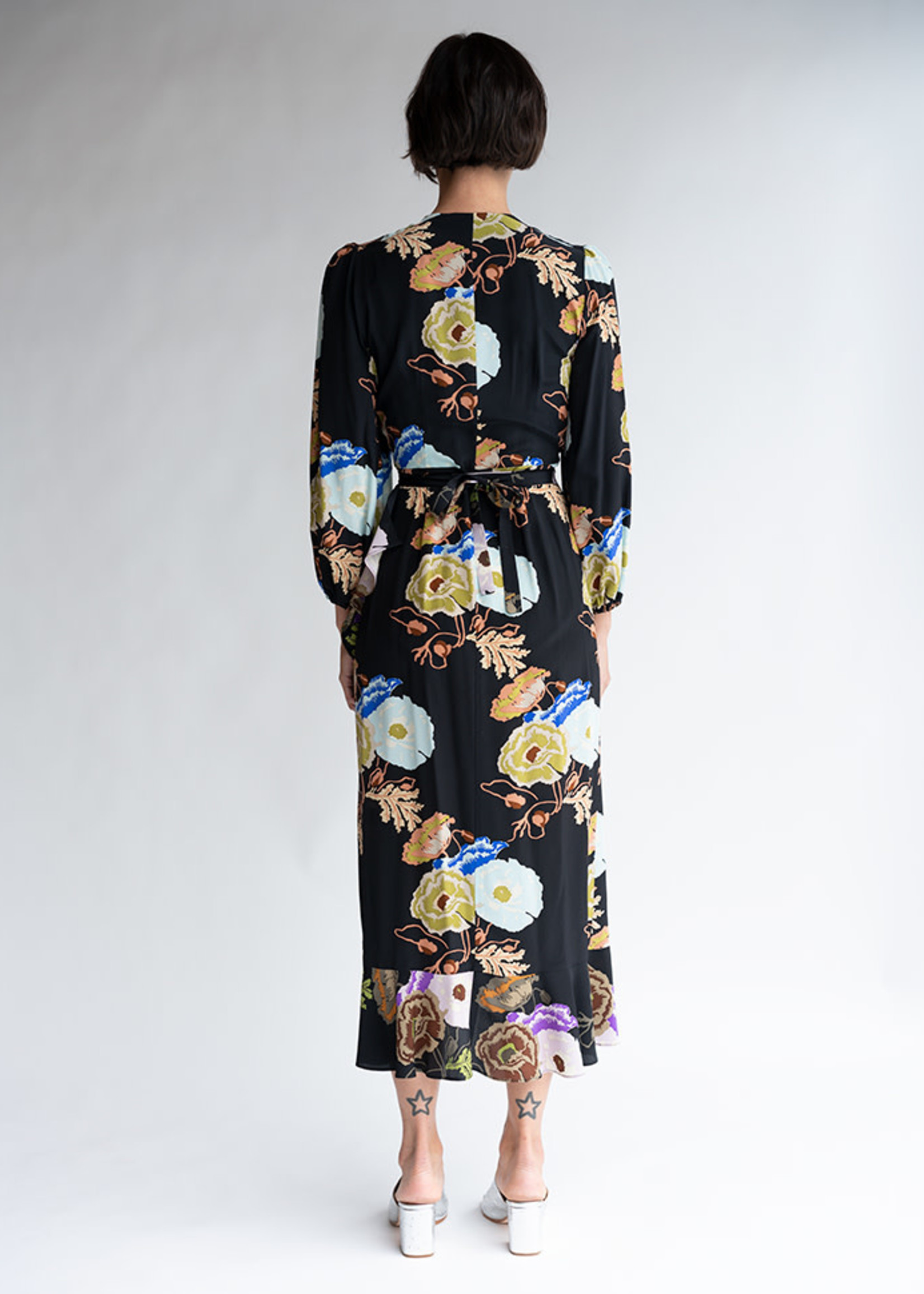 Noma Wrap Dress in Black/Blue/Lilac Hyacinth Silk