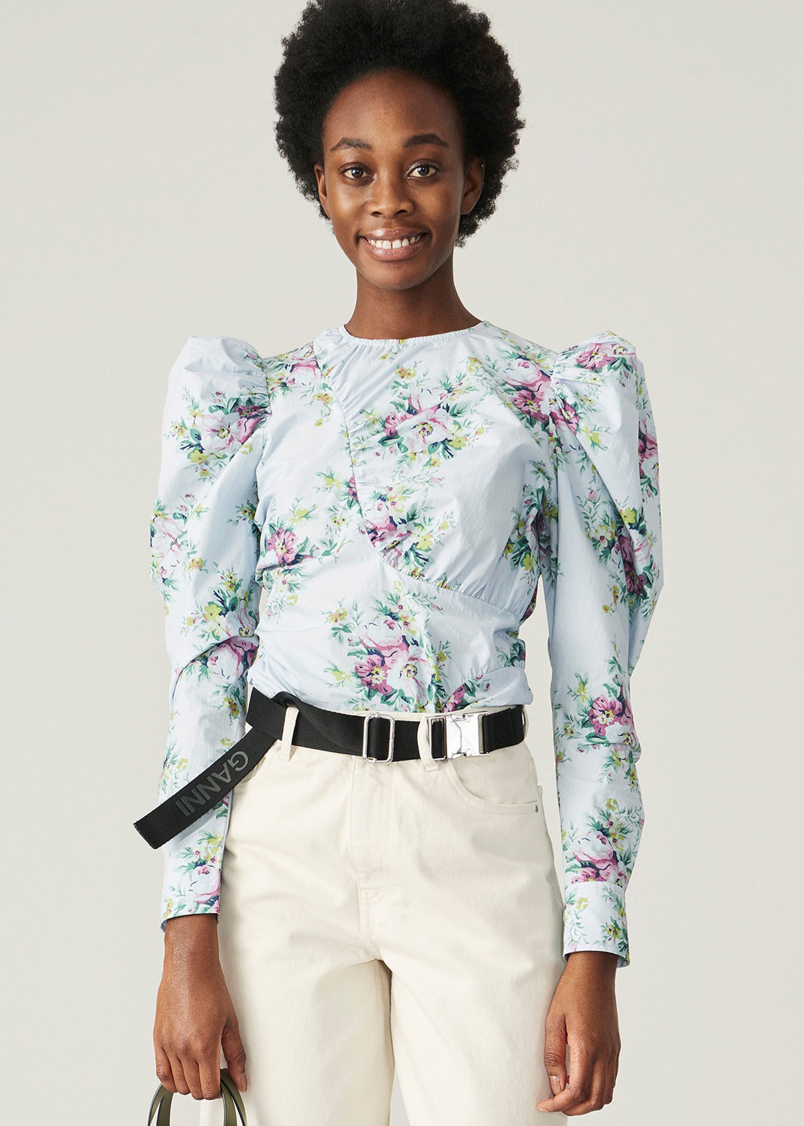GANNI Puff Sleeve Shirt Blue Floral 
