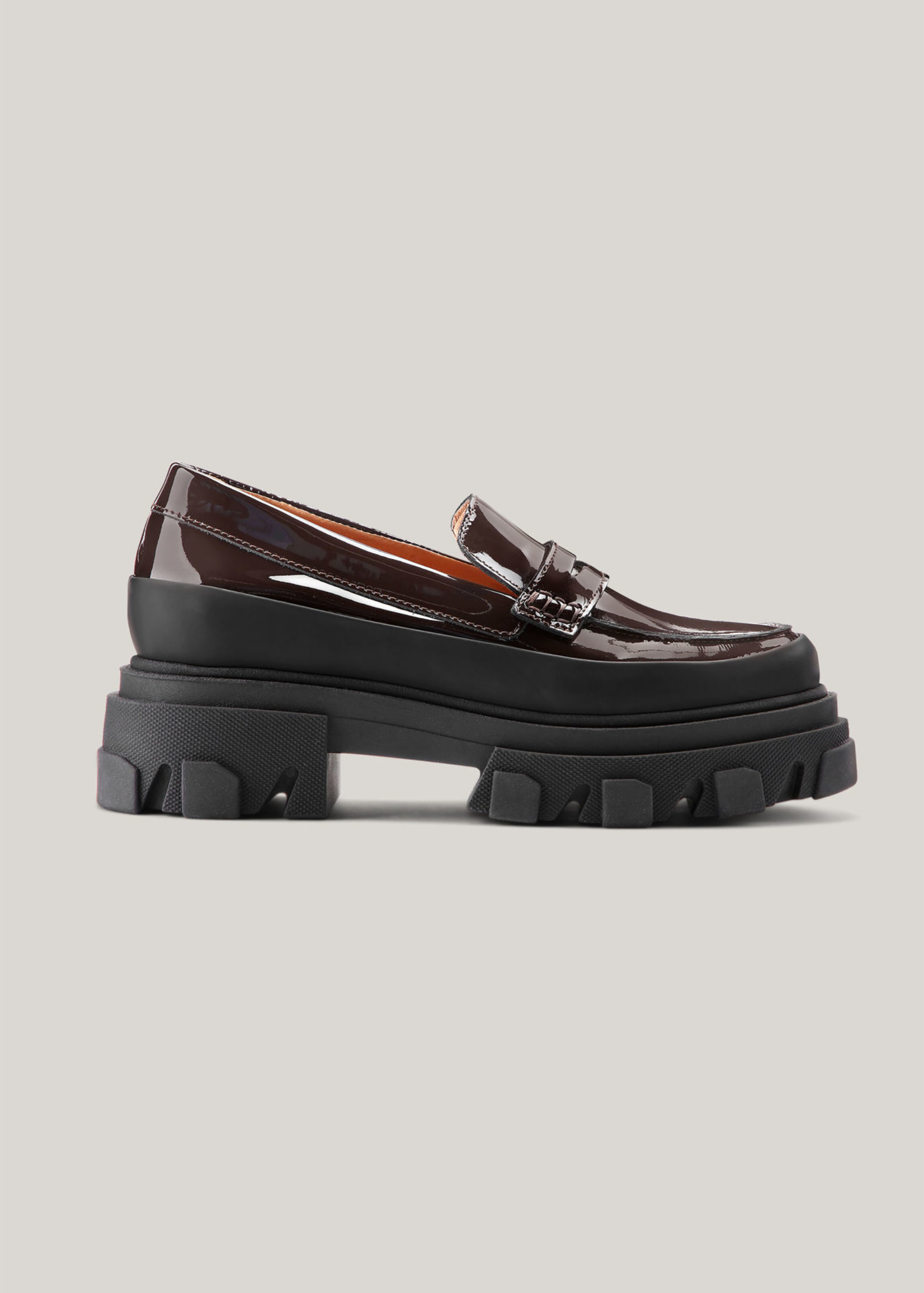 GANNI Chunky Loafers in Brown Patent Leather