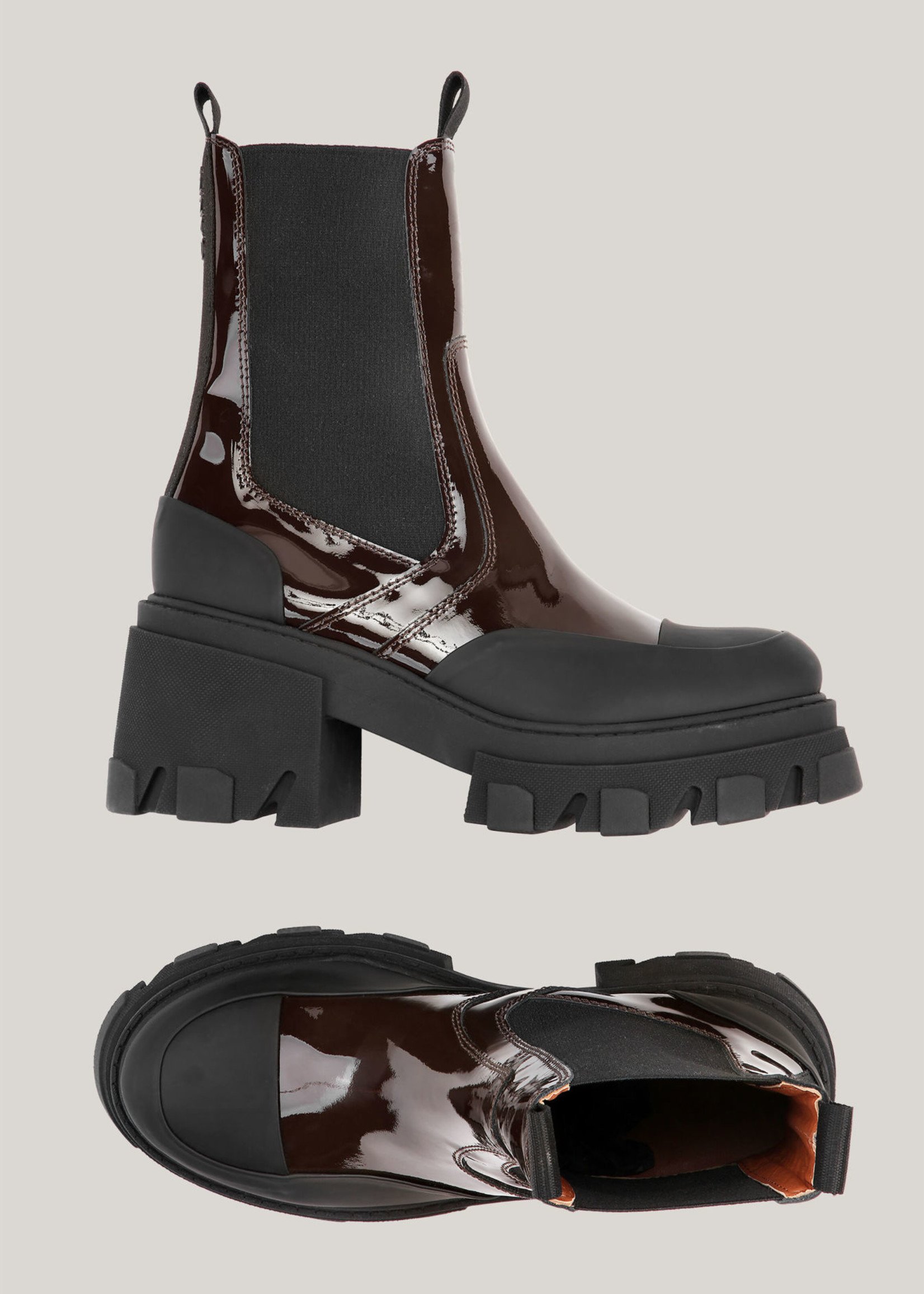 GANNI Heeled Chelsea Boot in Brown Patent Leather