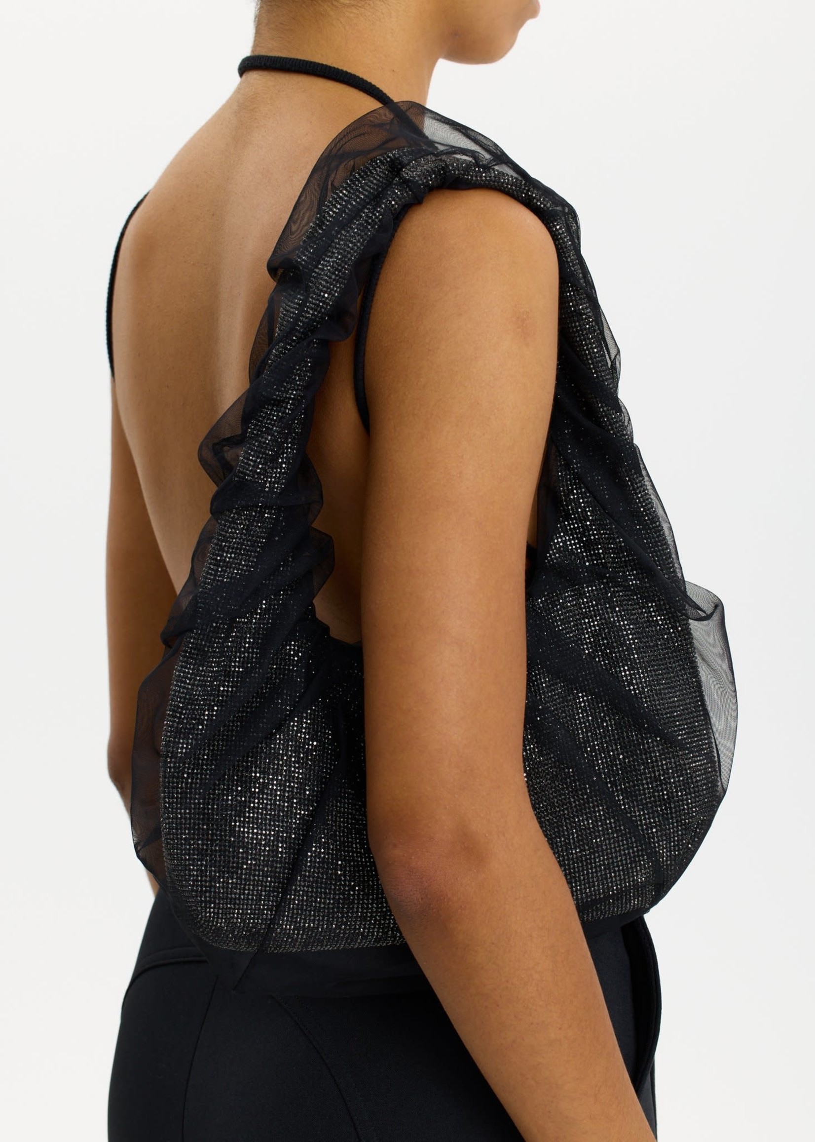 KARA Tulle Crystal Mesh Armpit Bag in Black