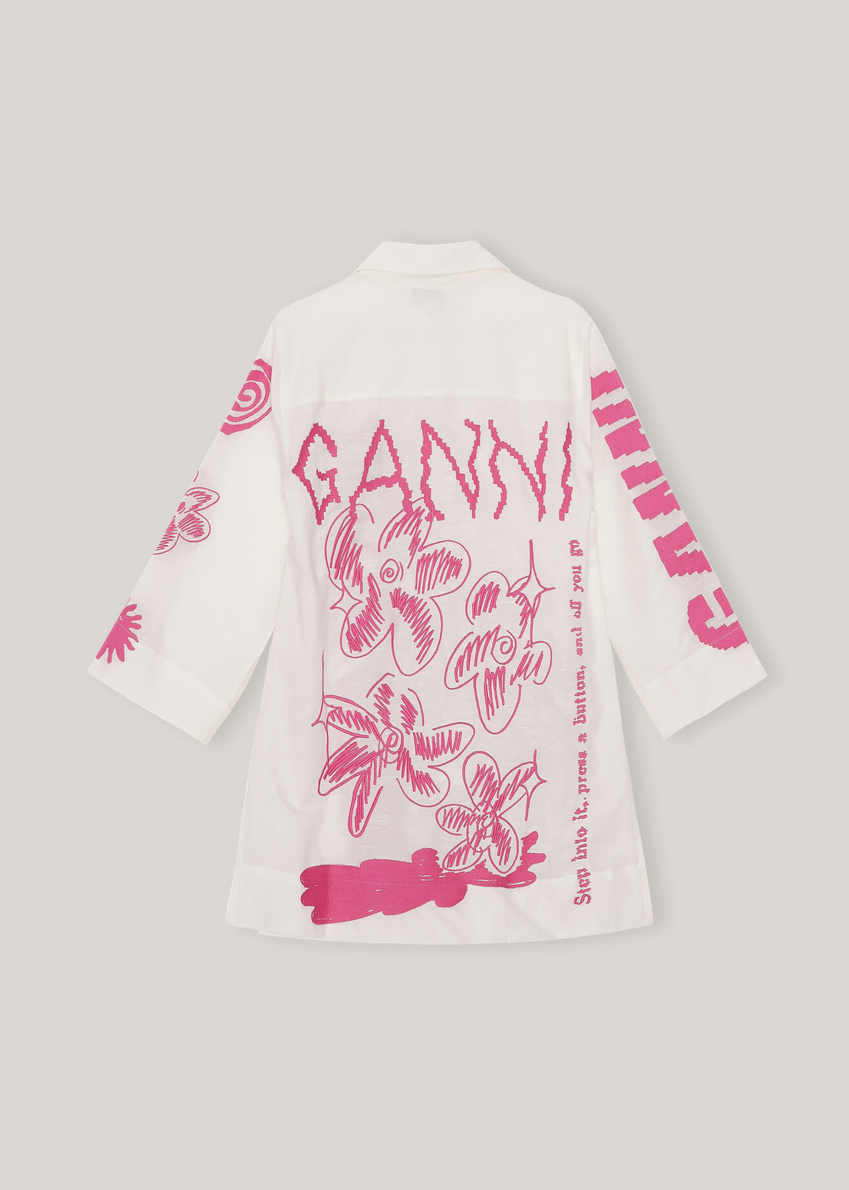 GANNI Graphic Linen Gathered Long Shirt