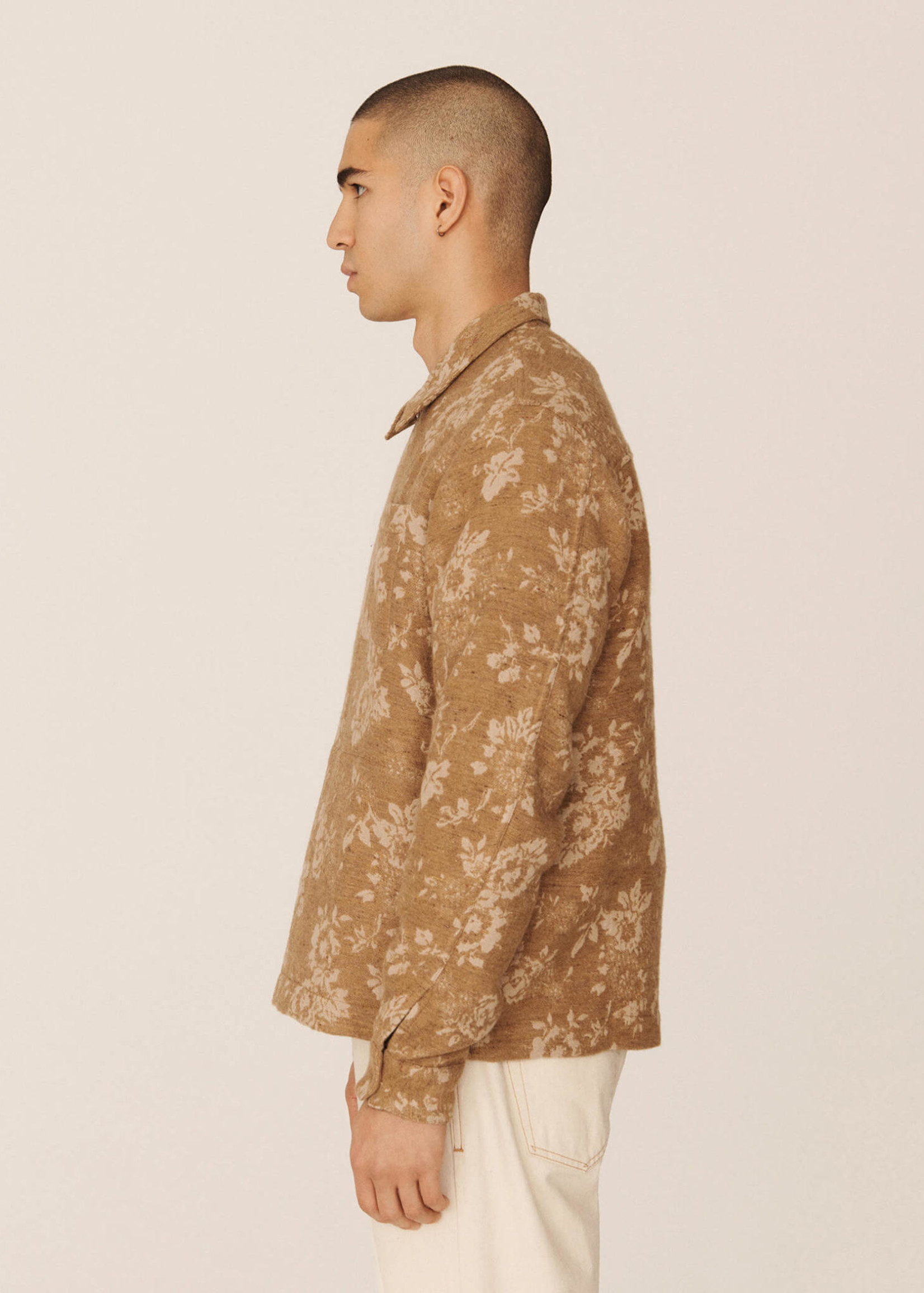 YMC Bowie Floral Jacquard Zip Up Overshirt in Tan