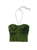 ANDERSSON BELL Women's Denim Bustier with Metal Chain  in Acid Green