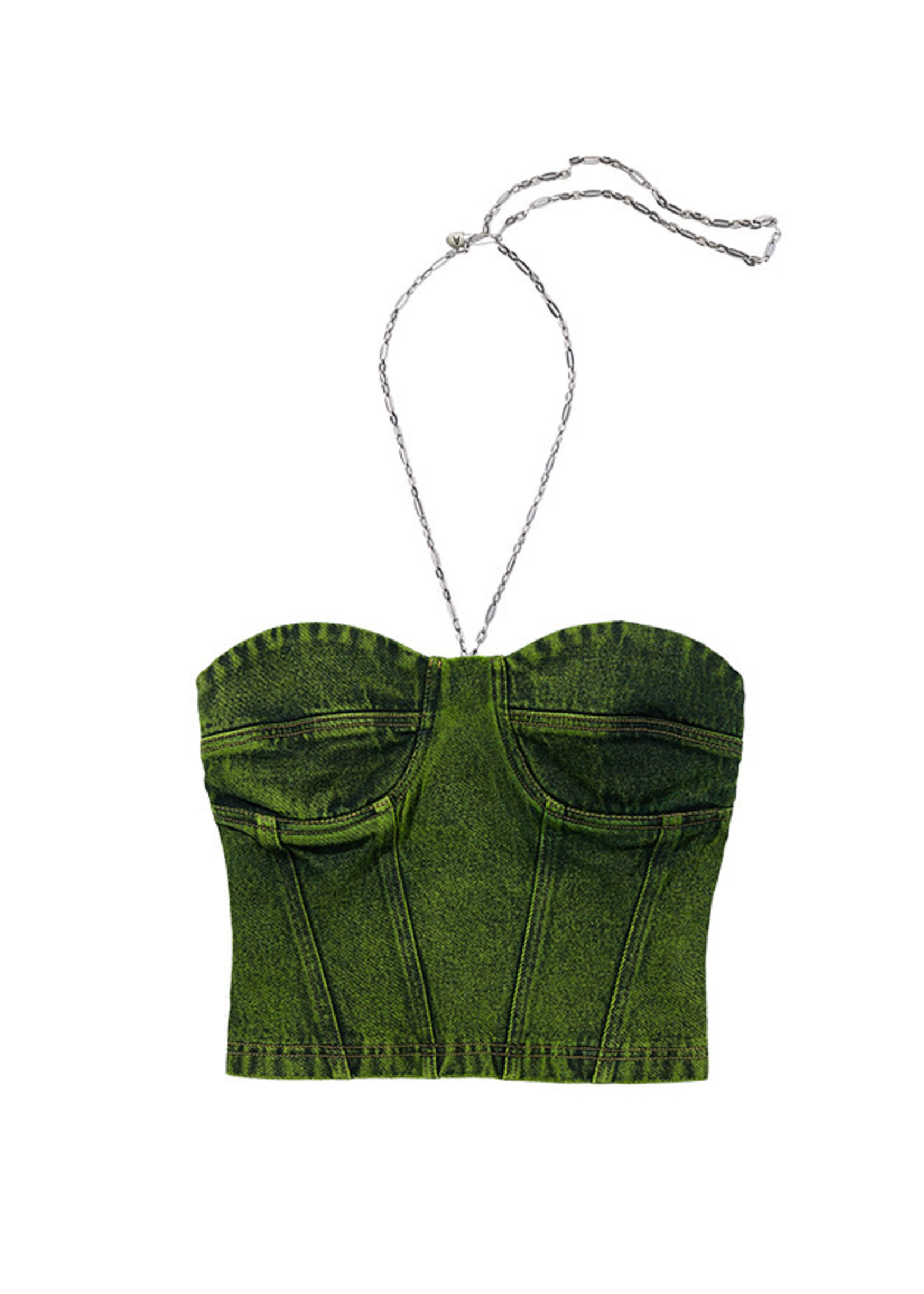 ANDERSSON BELL Denim Bustier with metal Chain in Acid Green