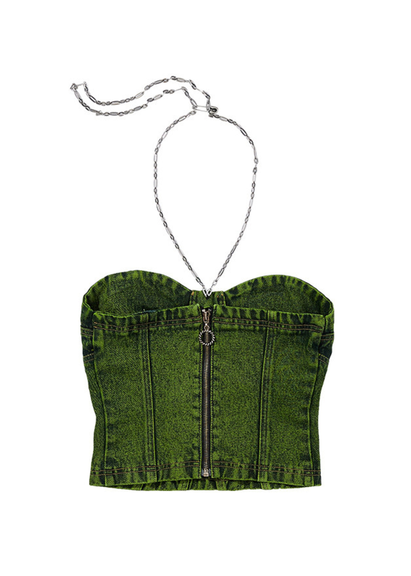 ANDERSSON BELL Denim Bustier with metal Chain in Acid Green