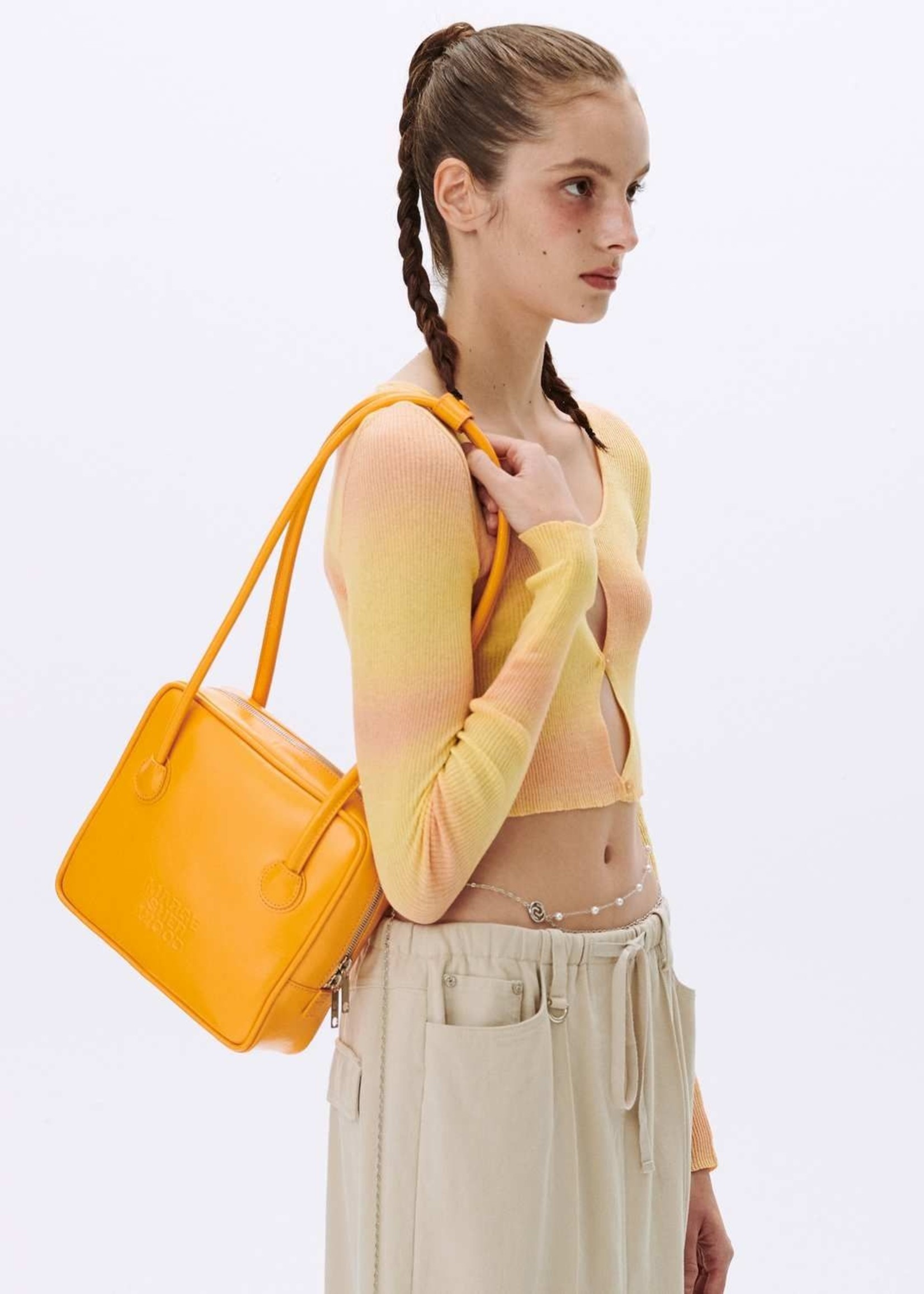 MARGE SHERWOOD Square Shoulder Bag with Piping in Apricot Crinkled Leather