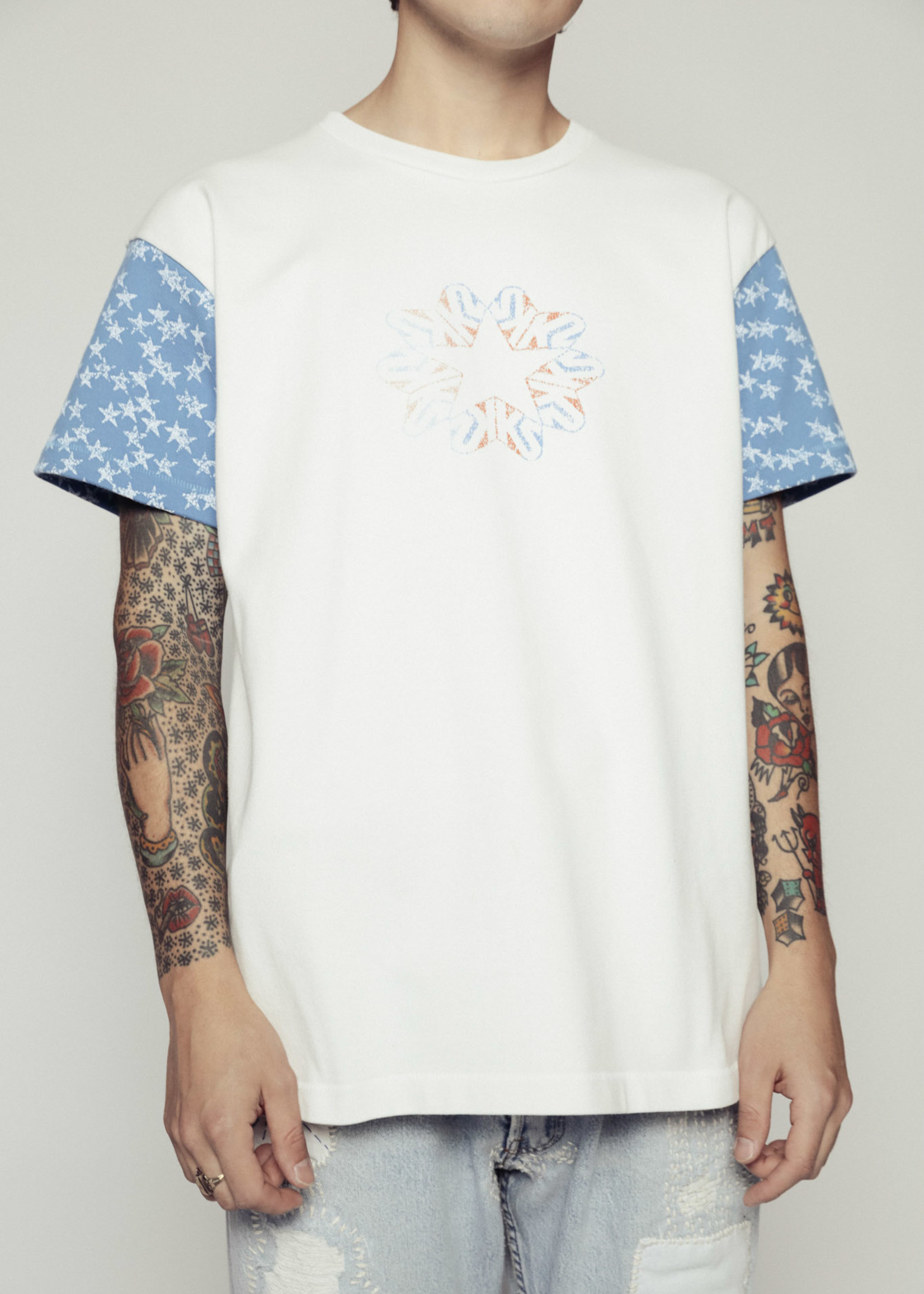 ERL Star Sleeve T-shirt in Blue and White