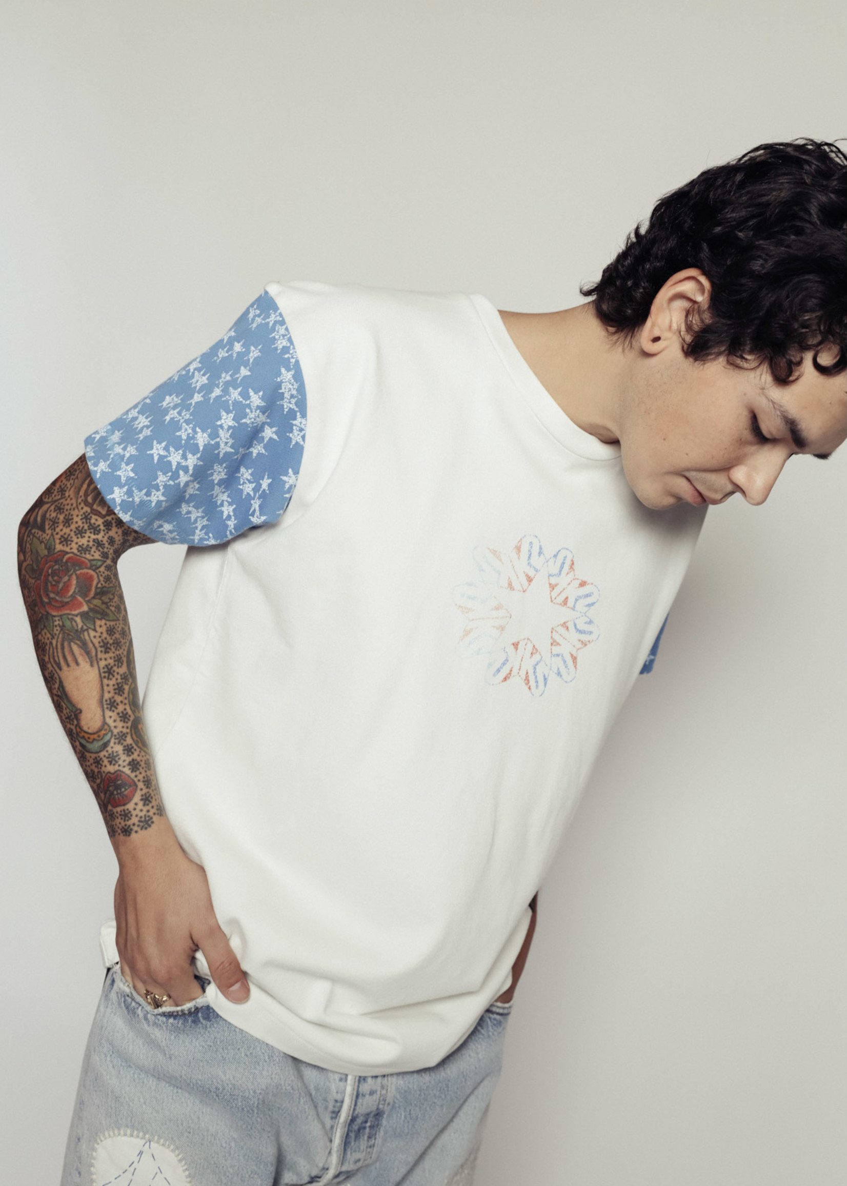 ERL Star Sleeve T-shirt in Blue and White