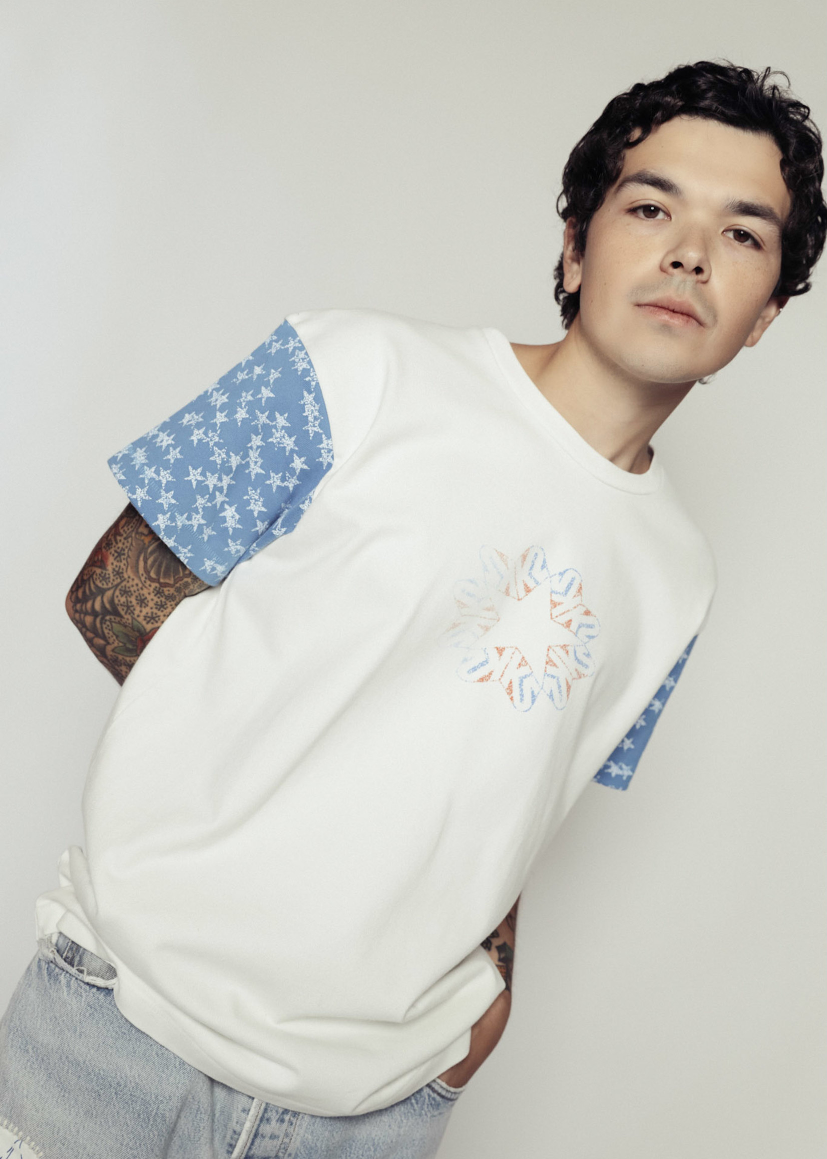 ERL Star Sleeve T-shirt in Blue and White