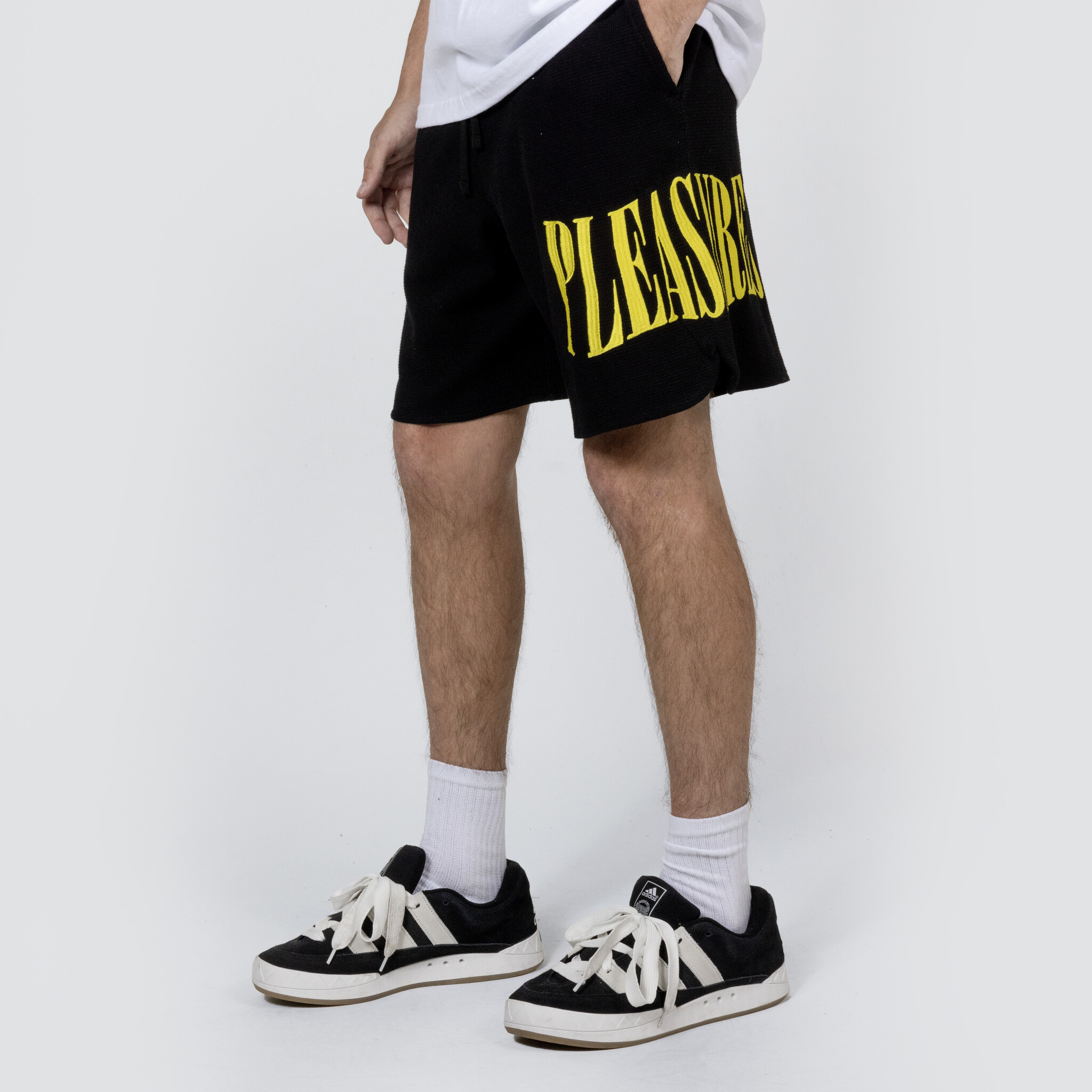 PLEASURES Twitch Waffle Knit Shorts in Black - NOW OR NEVER