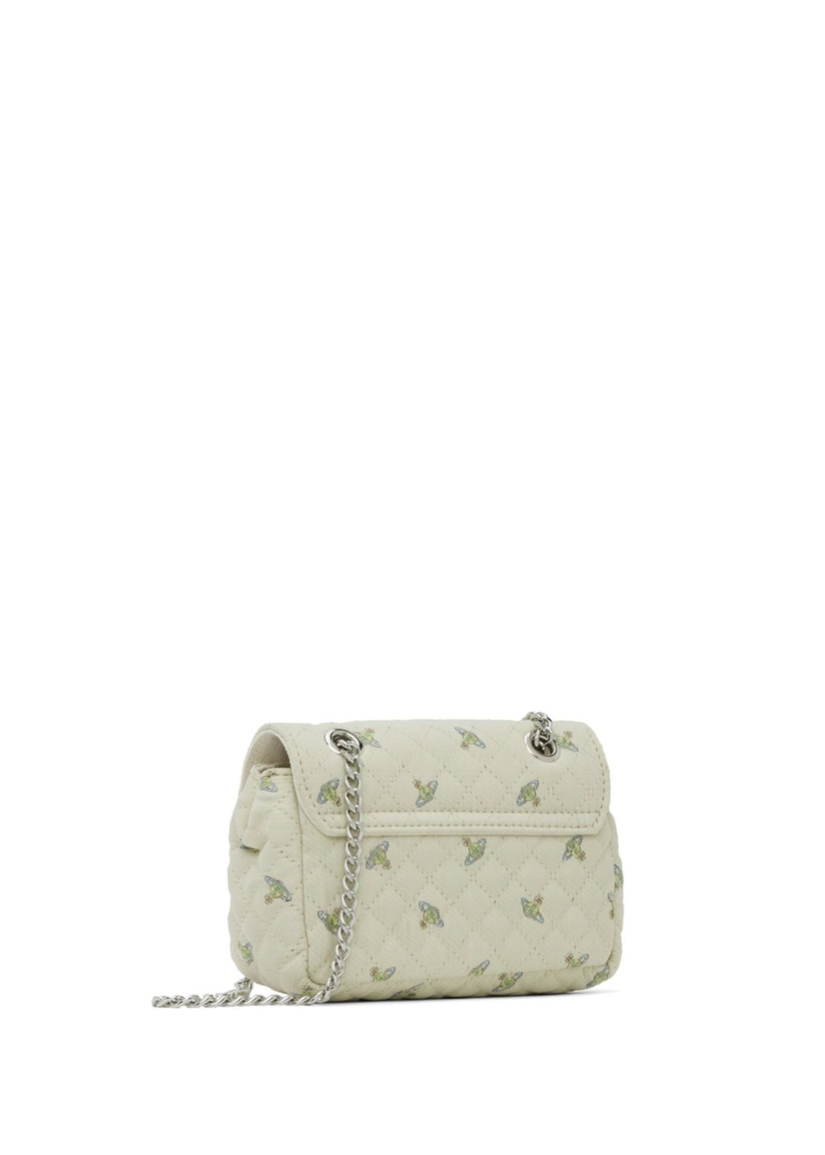 VIVIENNE WESTWOOD Quilted Beige Satin Mini Purse with Orbs and chain strap
