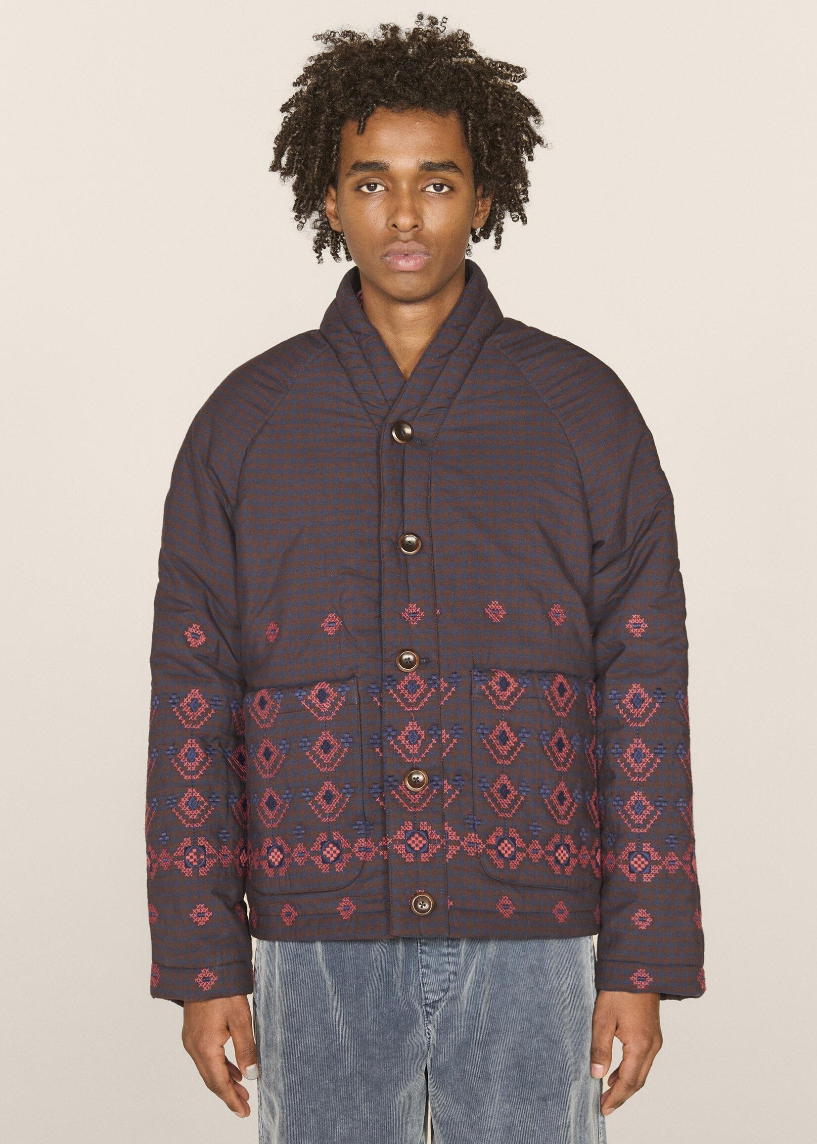 YMC Erkin Embroidered Kimono Jacket in Navy and Brown