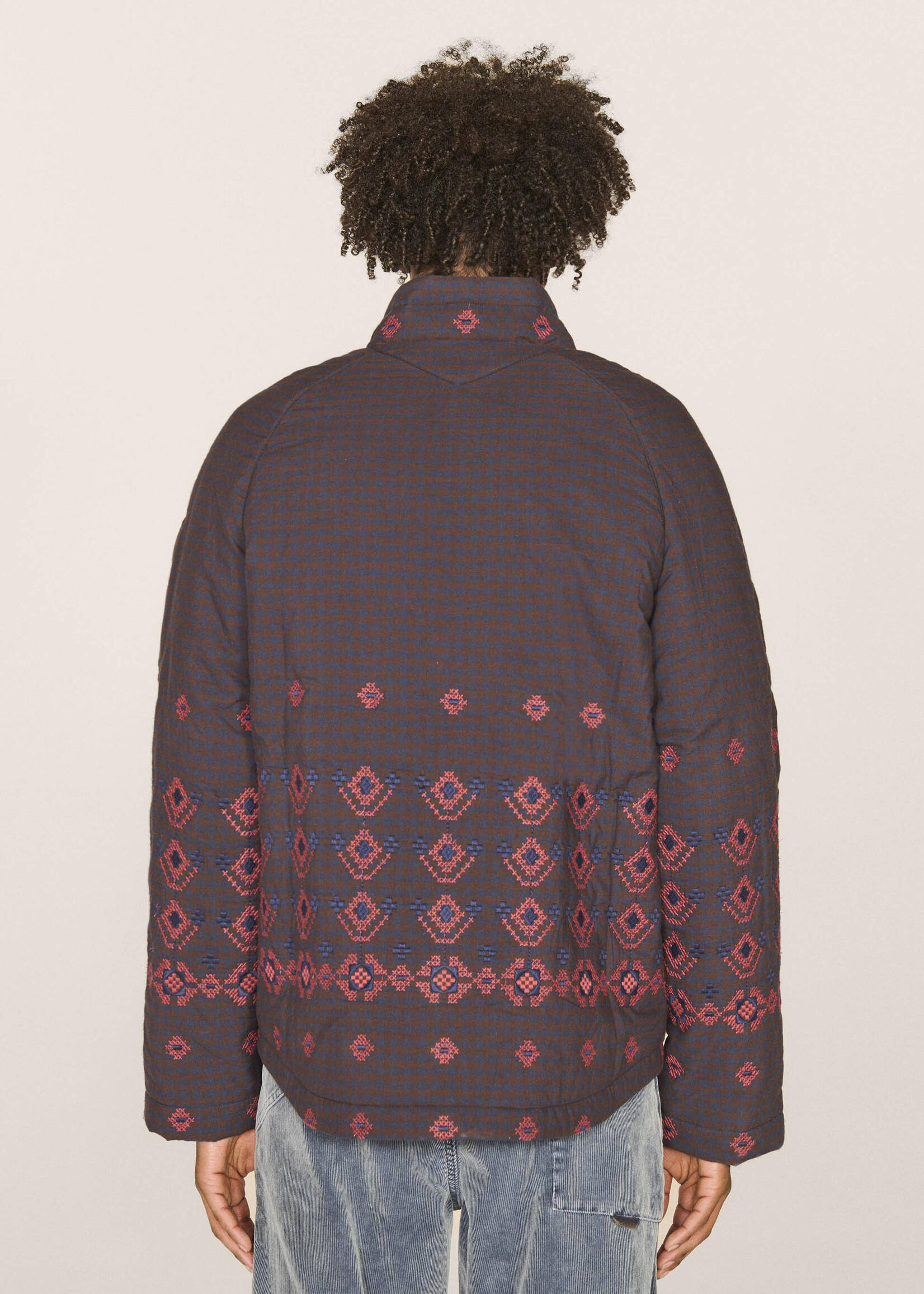 YMC Erkin Embroidered Kimono Jacket in Navy and Brown