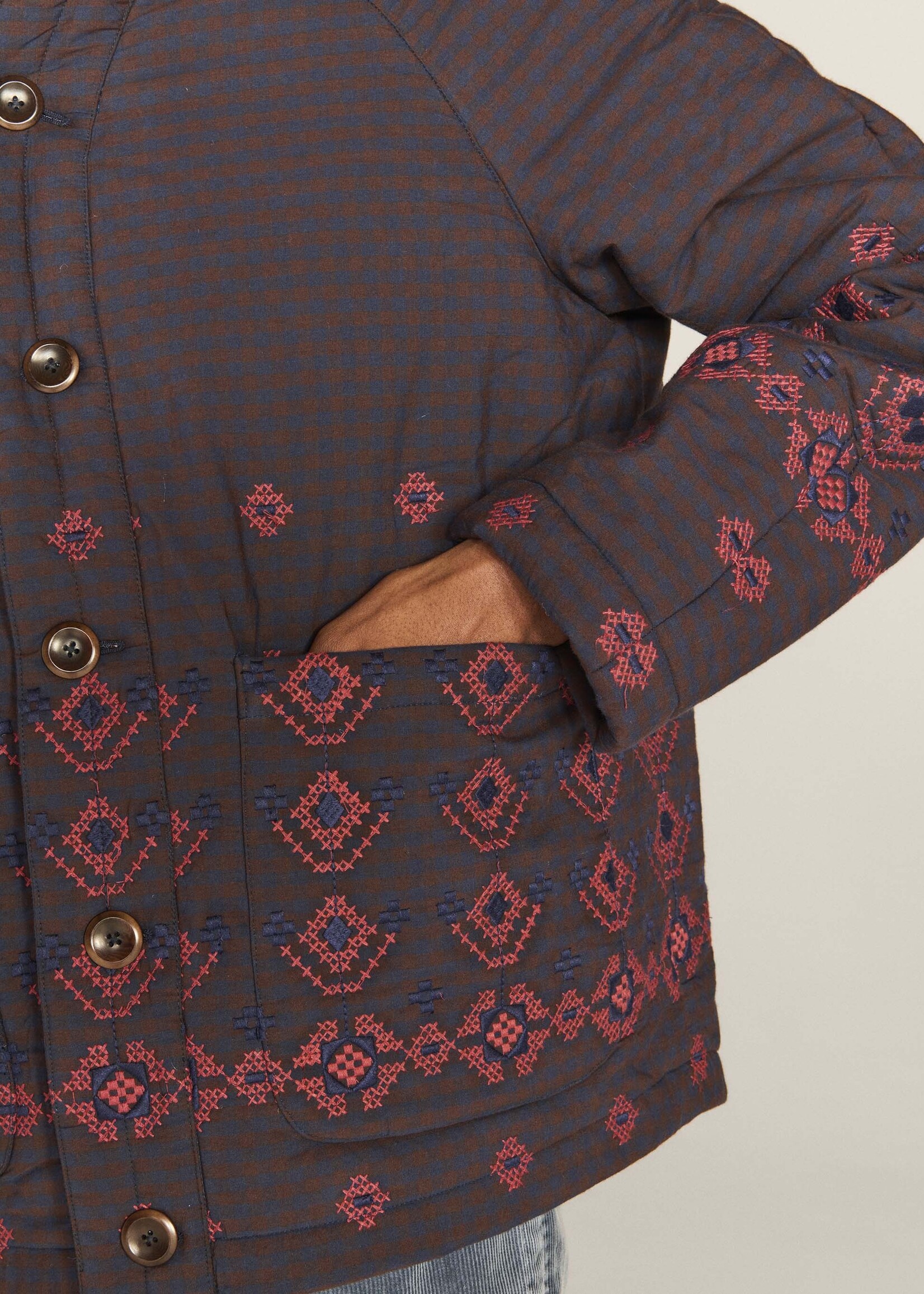 YMC Erkin Embroidered Kimono Jacket in Navy and Brown