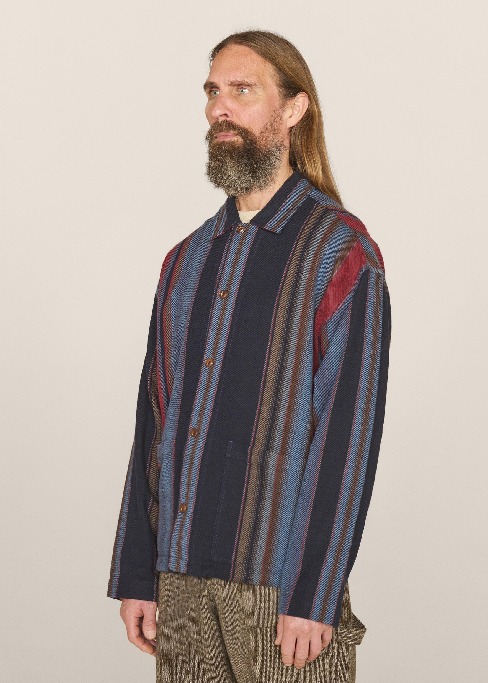 YMC PJ Overshirt in Blue Multi Stripe