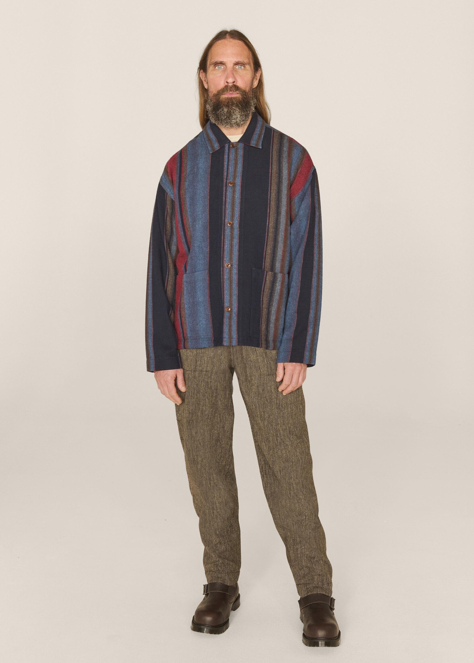 YMC PJ Overshirt in Blue Multi Stripe