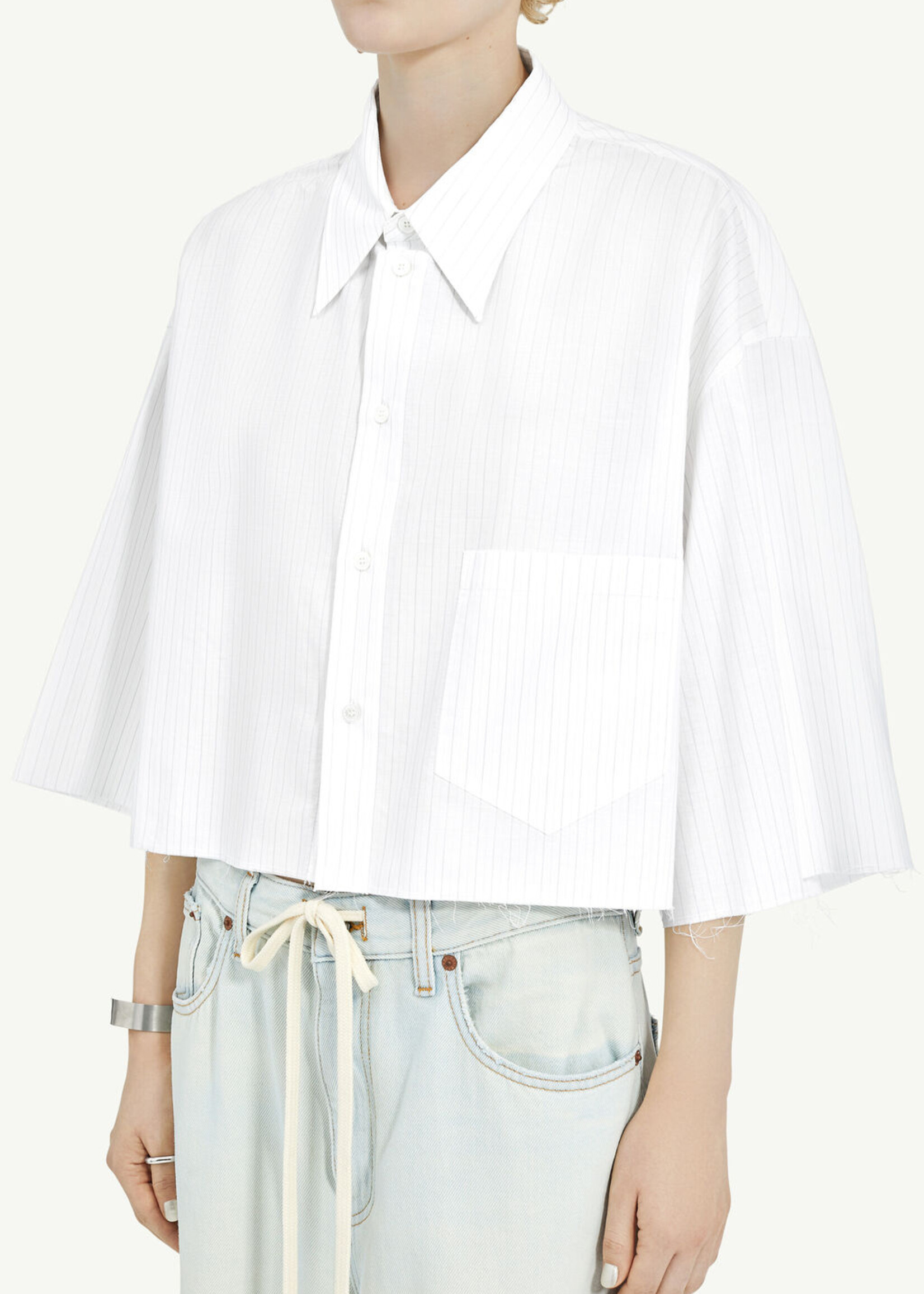 MM6 MAISON MARGIELA Short Sleeved Oversized Cropped Button Up in White Stripes