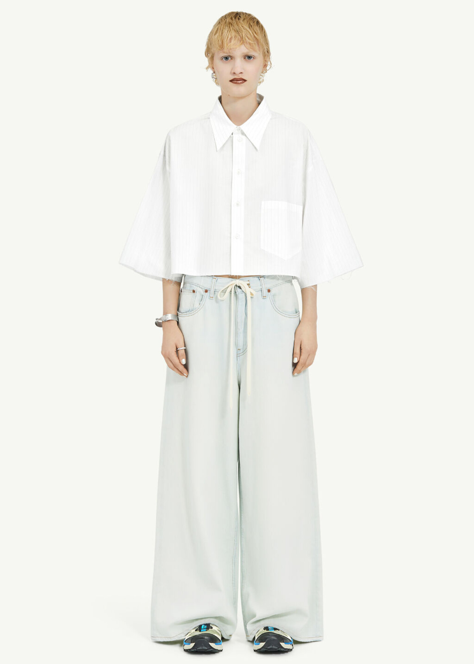 MM6 MAISON MARGIELA Short Sleeved Oversized Cropped Button Up in White Stripes