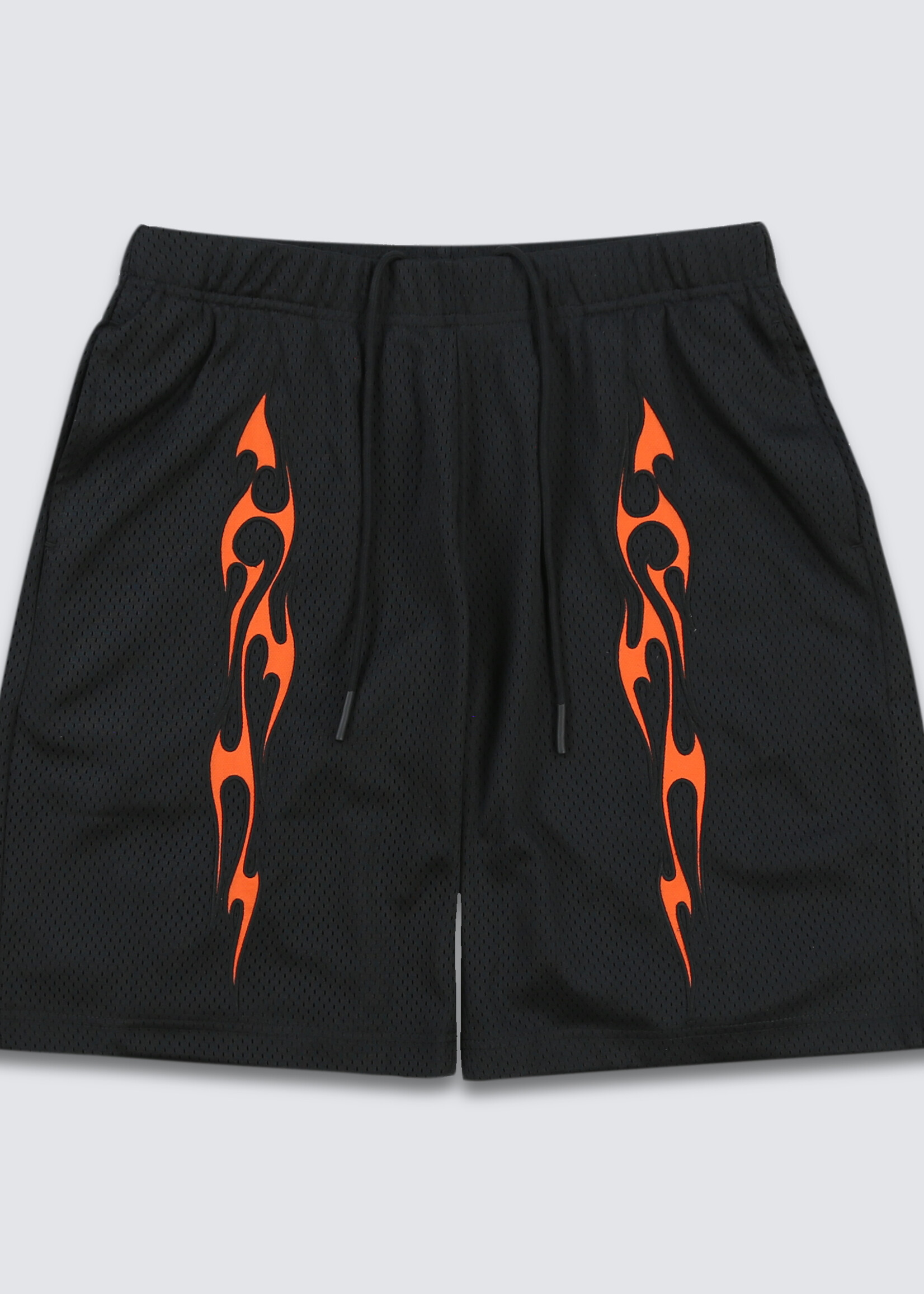 PLEASURES Tribal Flame Mesh Shorts in Black