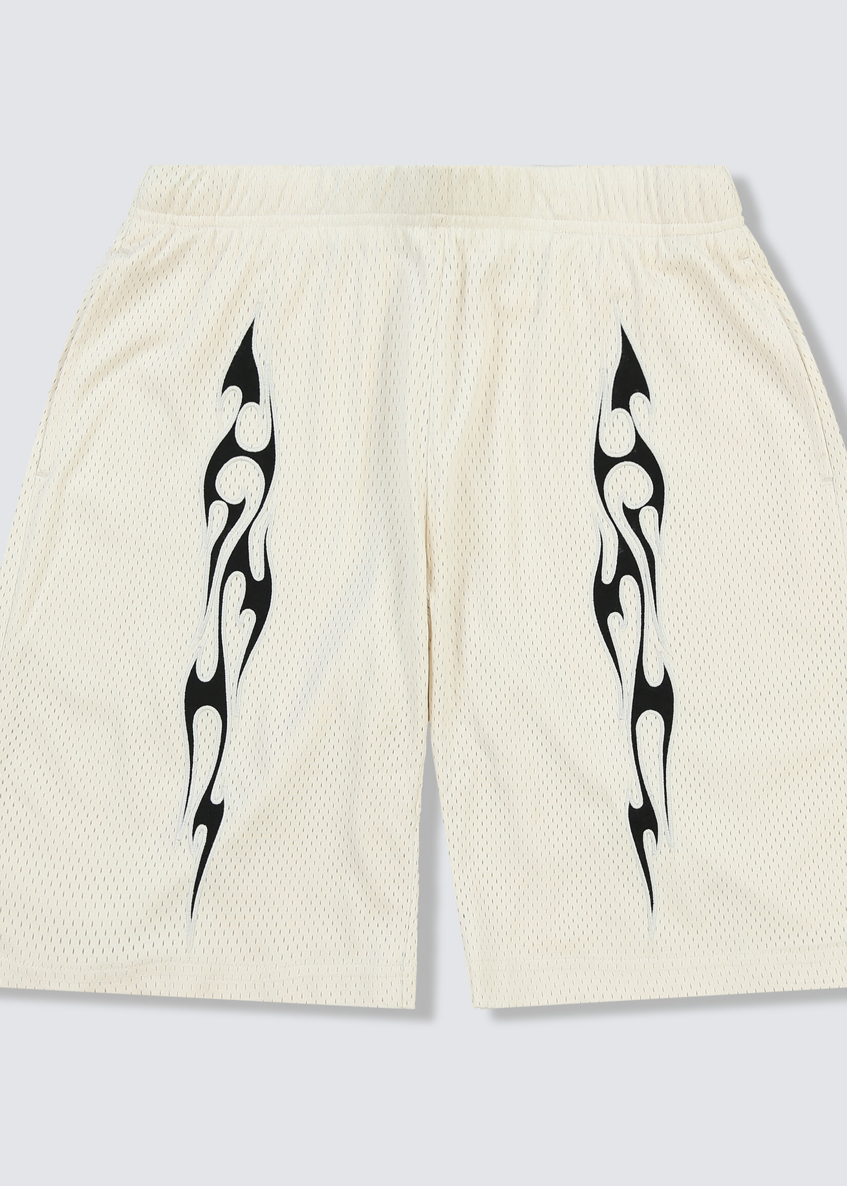 PLEASURES TRIBAL FLAME MESH SHORTS IN OFF WHITE