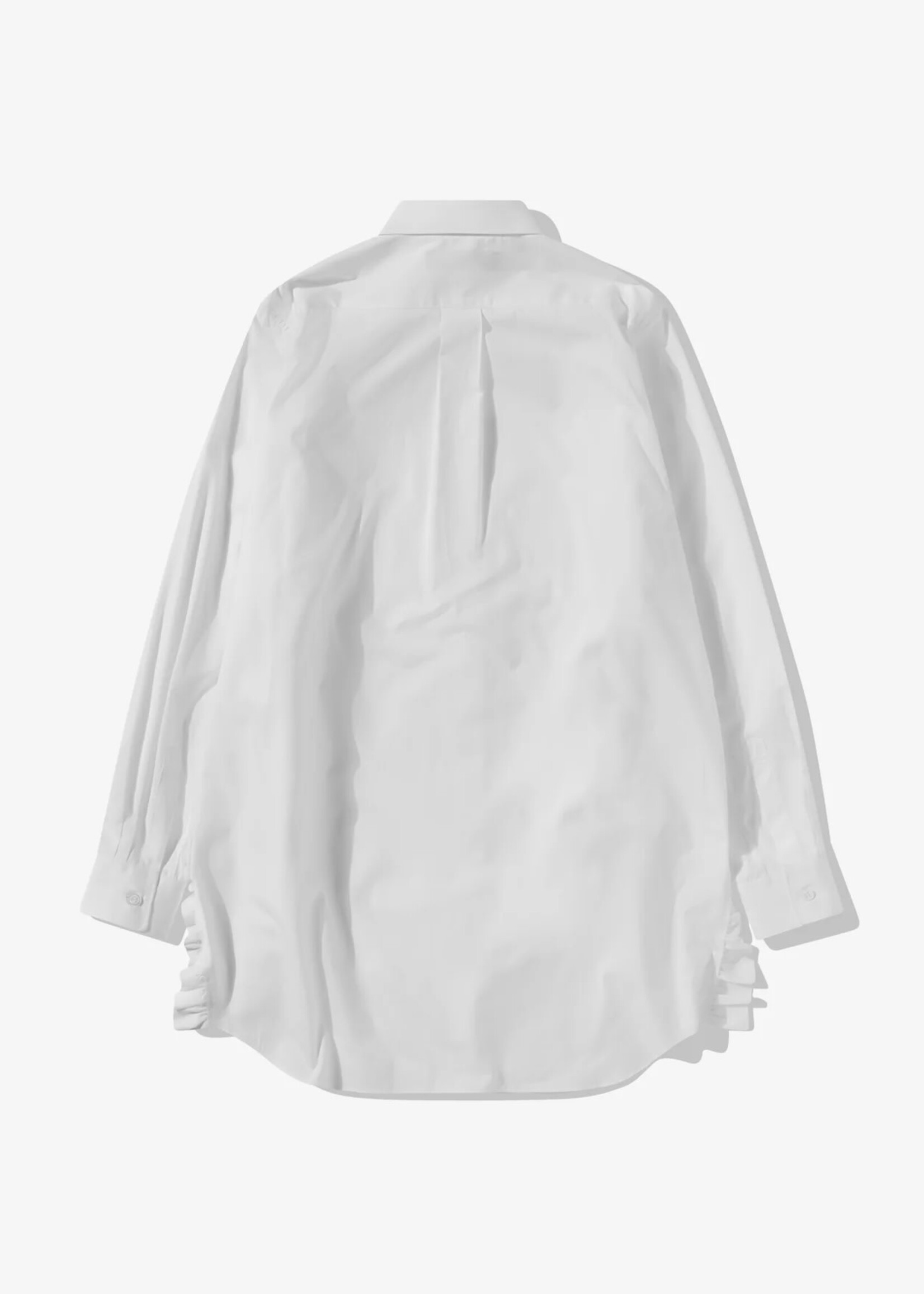 BLACK Comme Des Garçons Side Ruffle Button Up Long Shirt in White