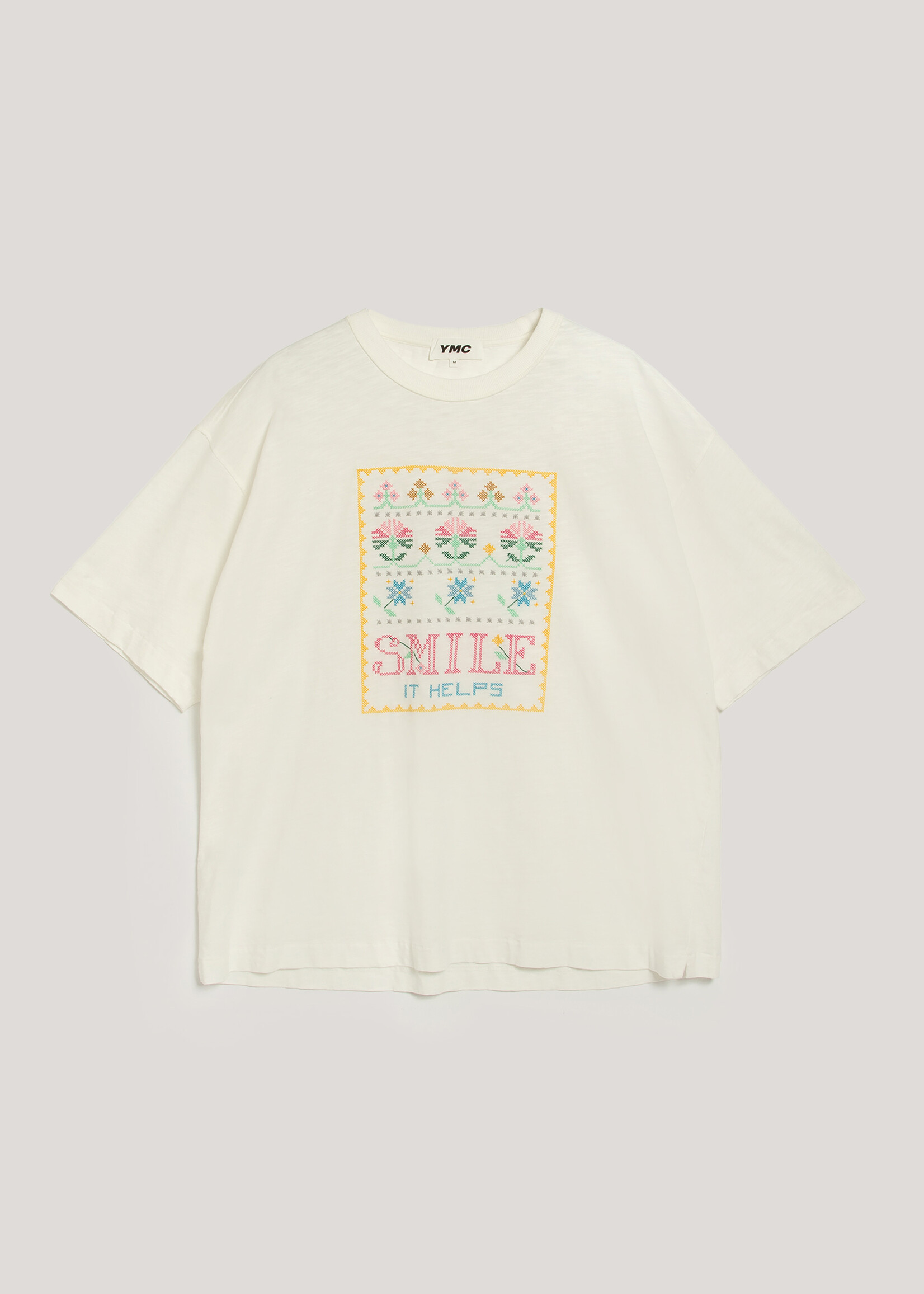 YMC Smile Cross Stitch T-shirt in Ecru
