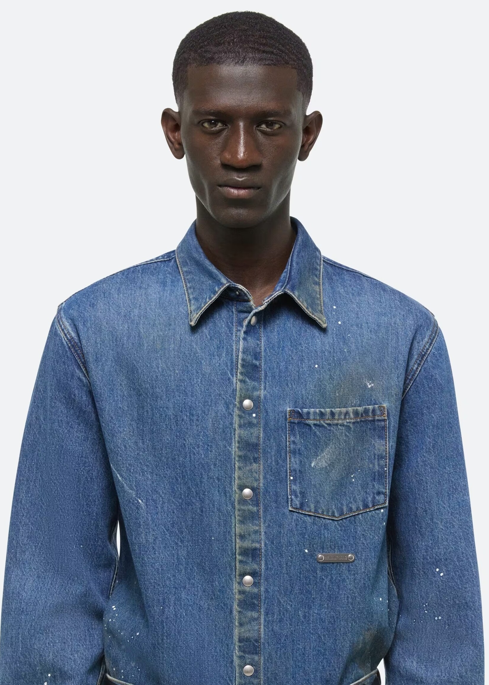 Helmut Lang Paint Splatter Indigo Denim Shirt Jacket NOW OR NEVER