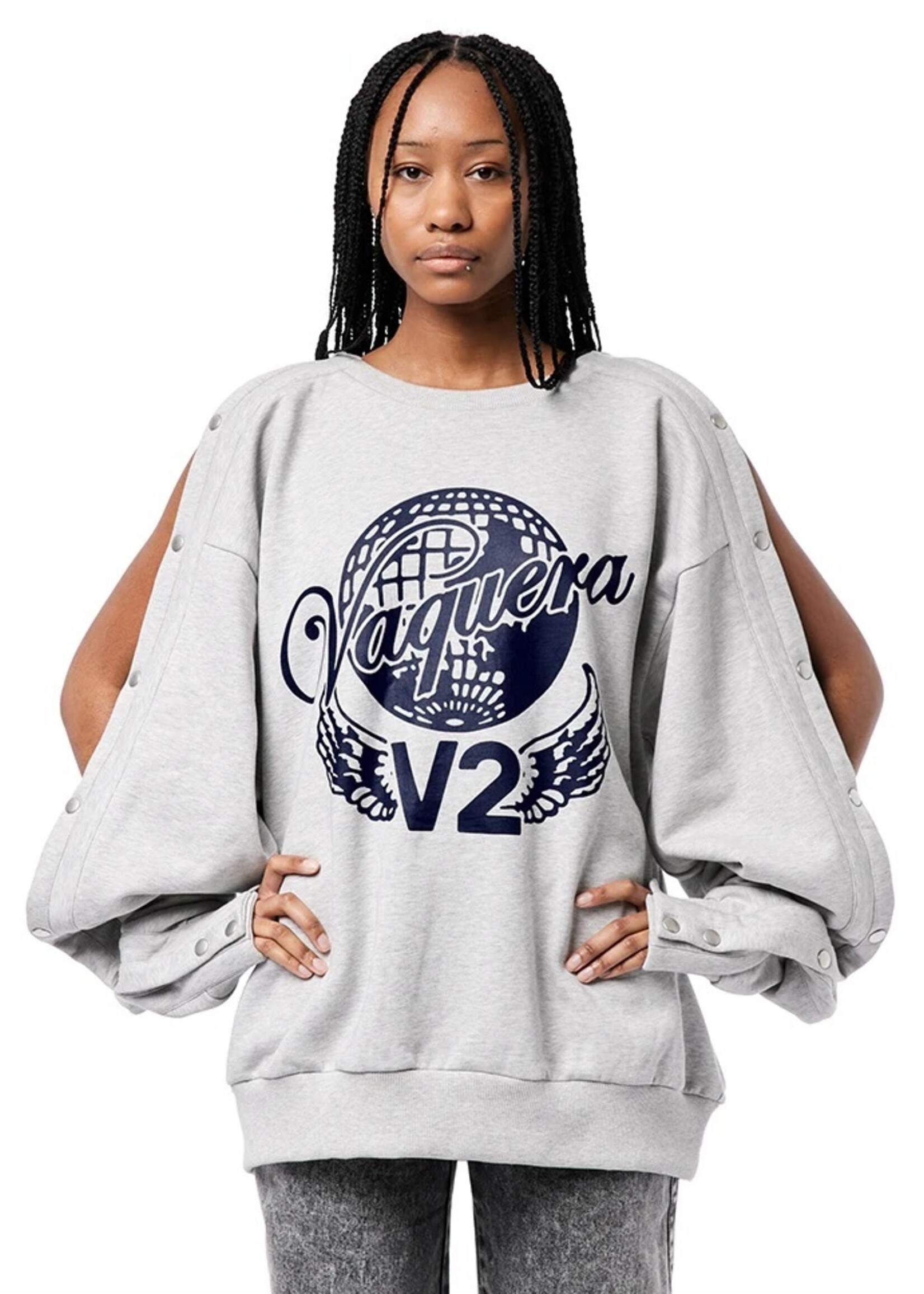 VAQUERA Oversized Snap Sleeve Logo Sweatshirt in Grey NOW OR NEVER