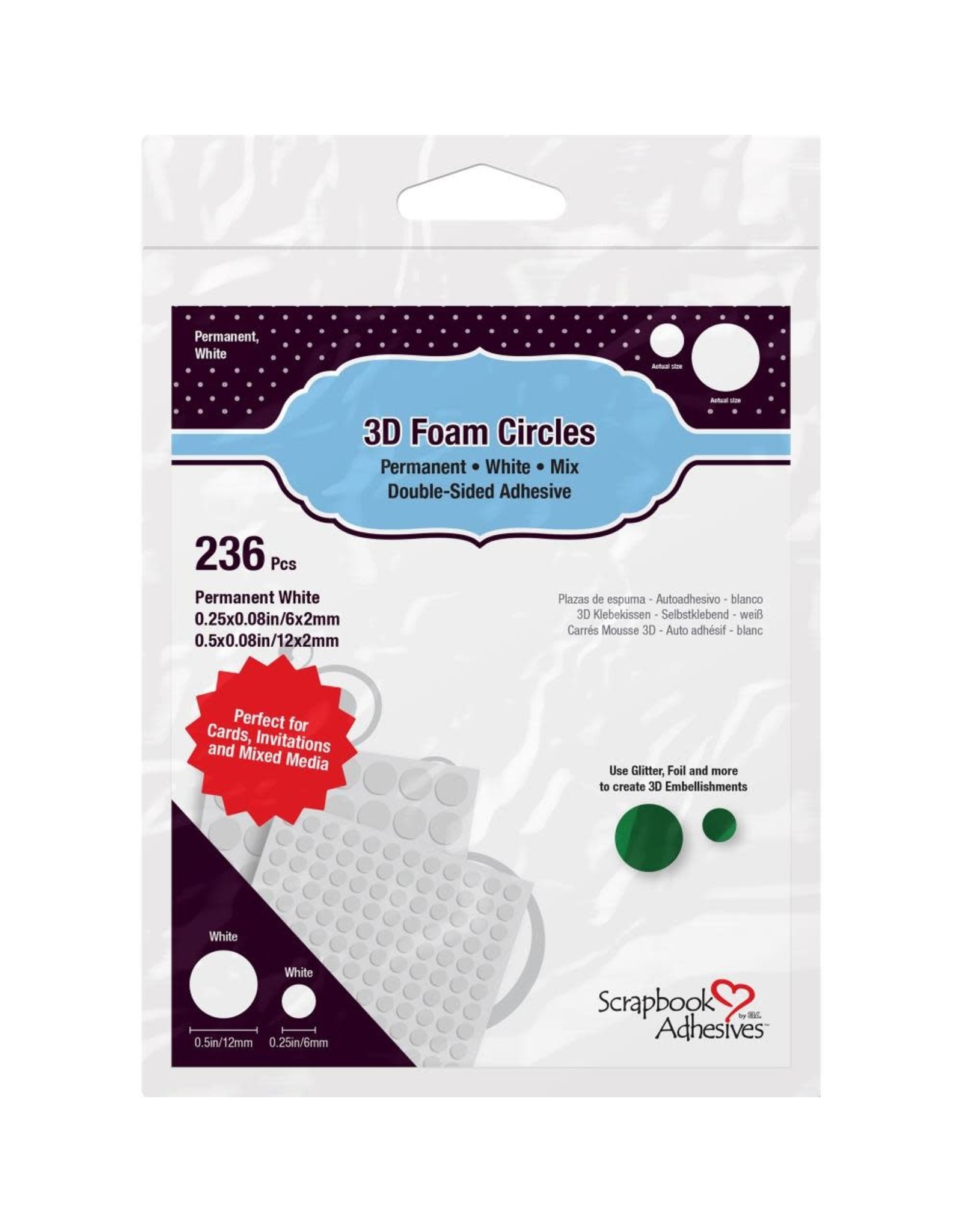 3L SCRAPBOOK ADHESIVES ASSORTED WHITE 3D FOAM CIRCLES 236PK