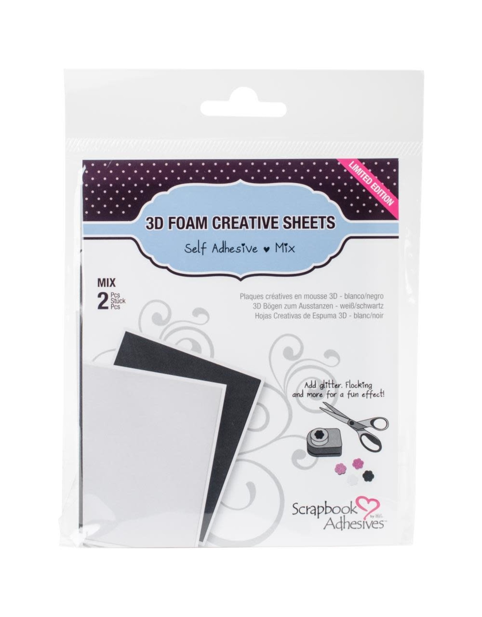3L SCRAPBOOK ADHESIVES BLACK & WHITE 3D FOAM SHEETS 2PK