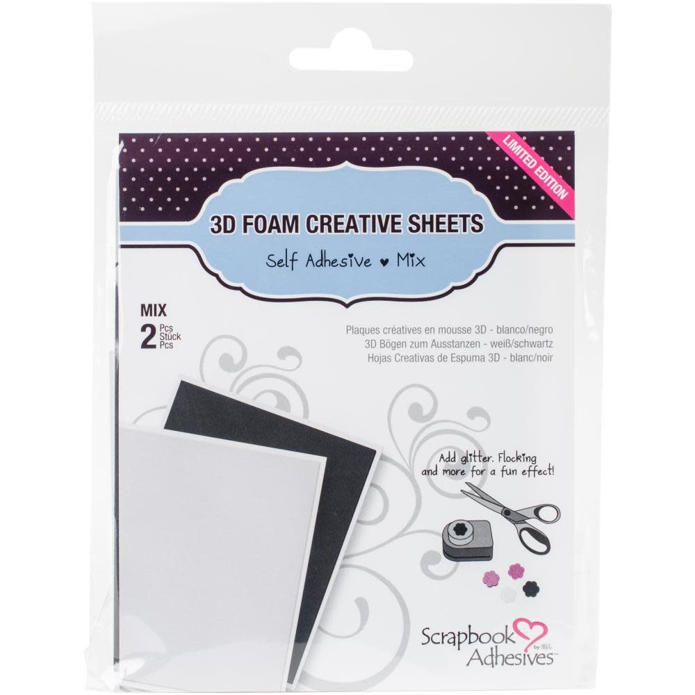 3L SCRAPBOOK ADHESIVES BLACK & WHITE 3D FOAM SHEETS 2PK