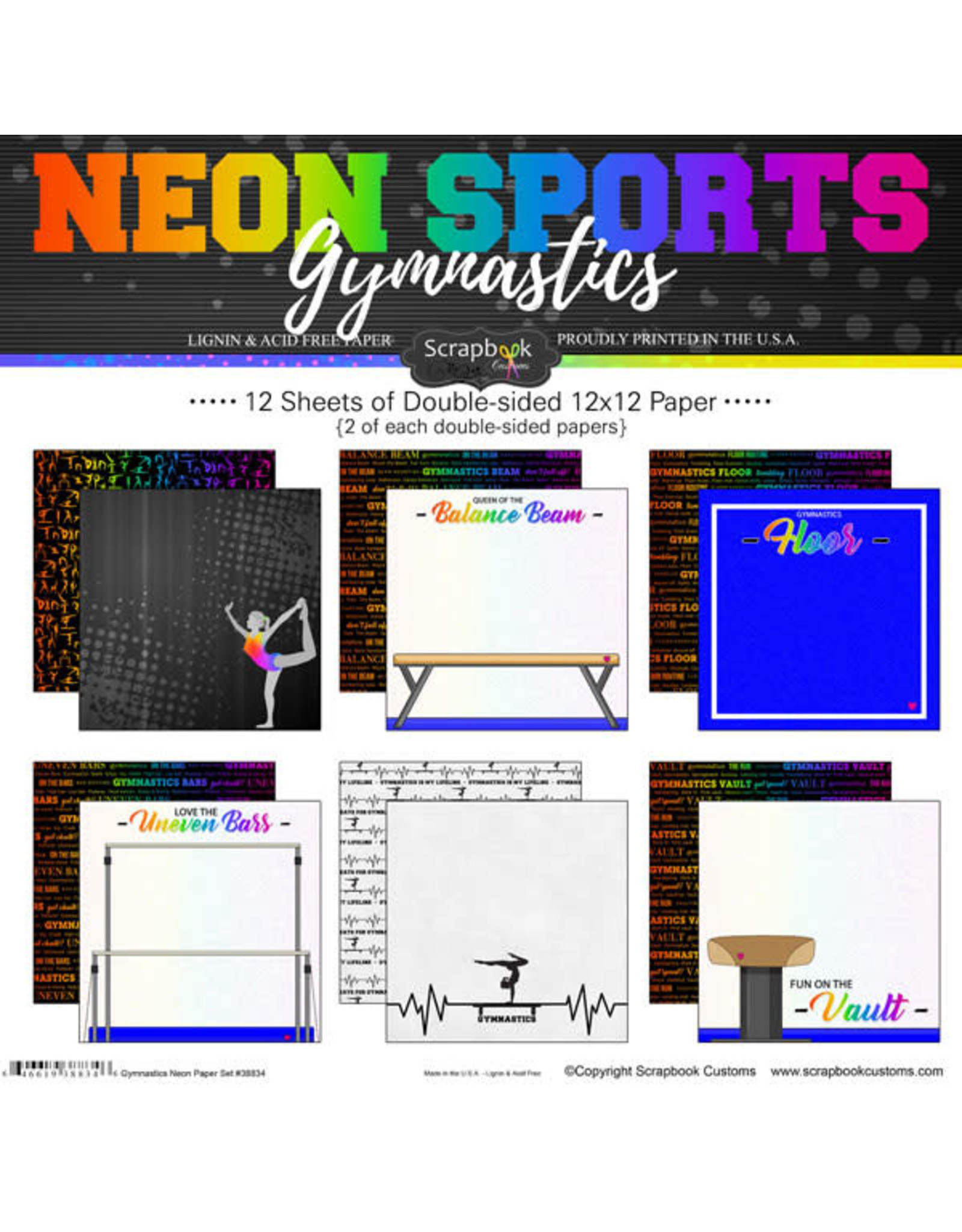 SCRAPBOOK CUSTOMS SCRAPBOOK CUSTOMS NEON GYMNASTICS 12X12 PAPER PACK 12 SHEETS