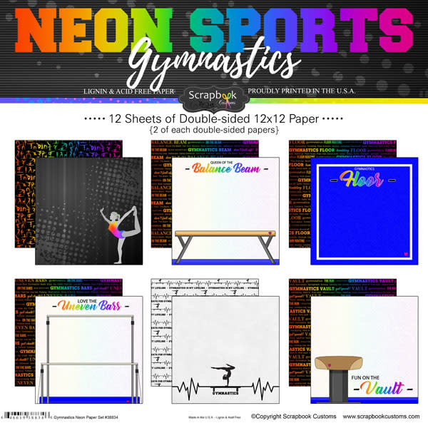 SCRAPBOOK CUSTOMS SCRAPBOOK CUSTOMS NEON GYMNASTICS 12X12 PAPER PACK 12 SHEETS