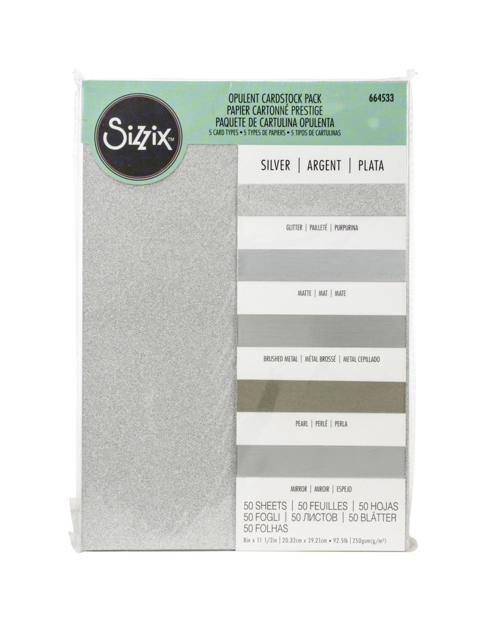 SIZZIX SIZZIX SILVER OPULENT CARDSTOCK PACK 5 TYPES/50 SHEETS