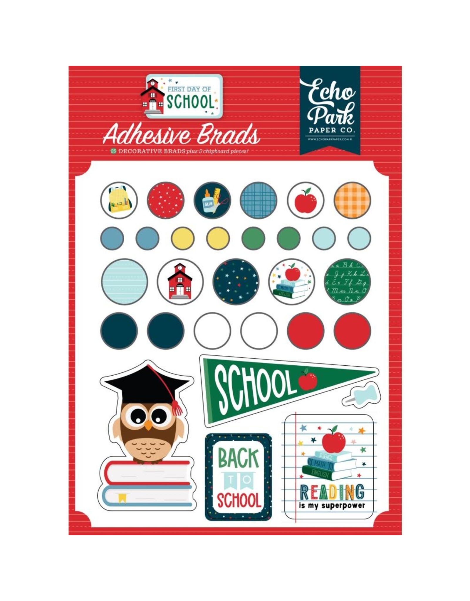 ECHO PARK PAPER ECHO PARK FIRST DAY OF SCHOOL ADHESIVE DECORATIVE BRADS + CHIPBOARD