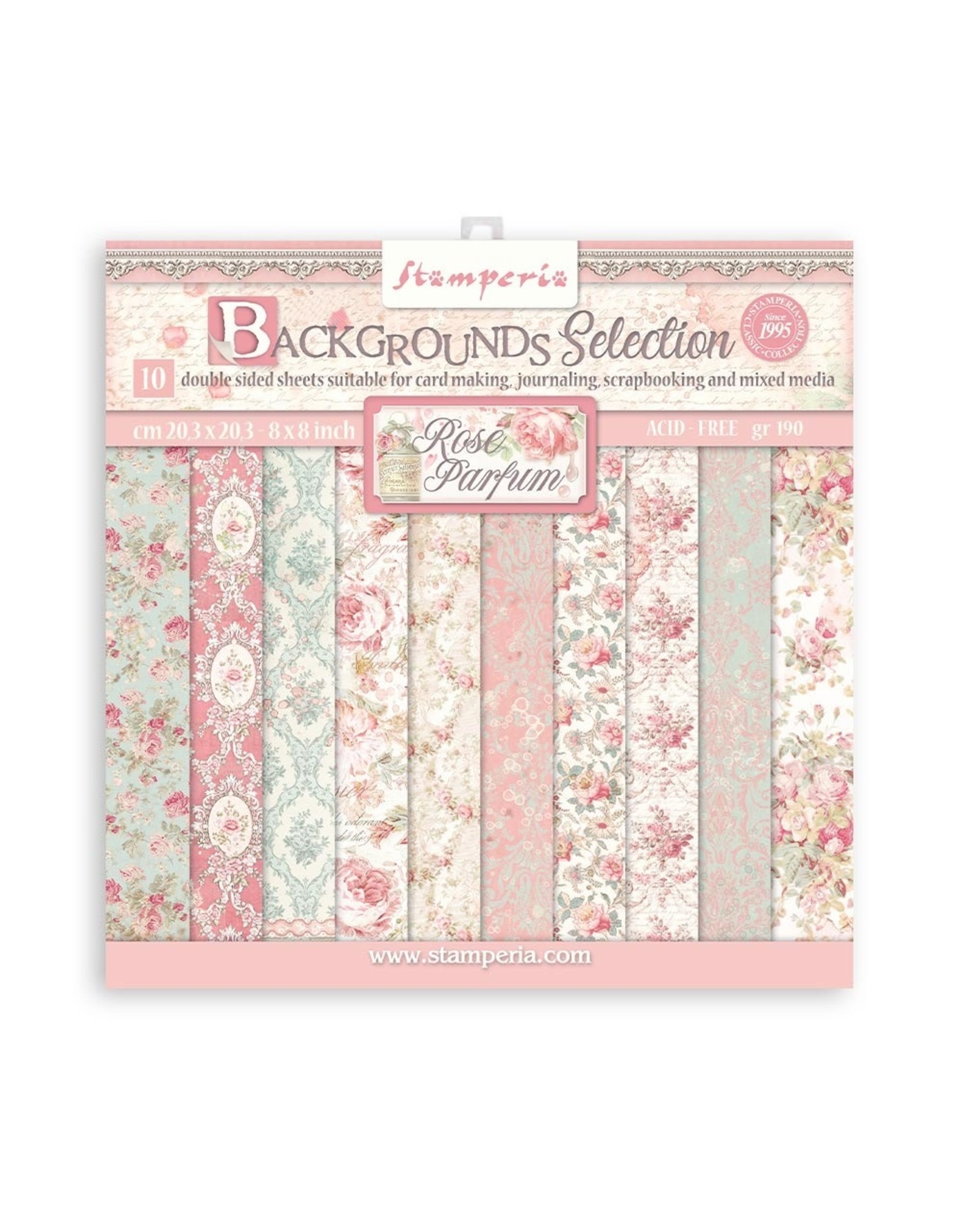 STAMPERIA STAMPERIA ROSE PARFUM BACKGROUNDS SELECTION 8x8 PAPER PACK 10 SHEETS
