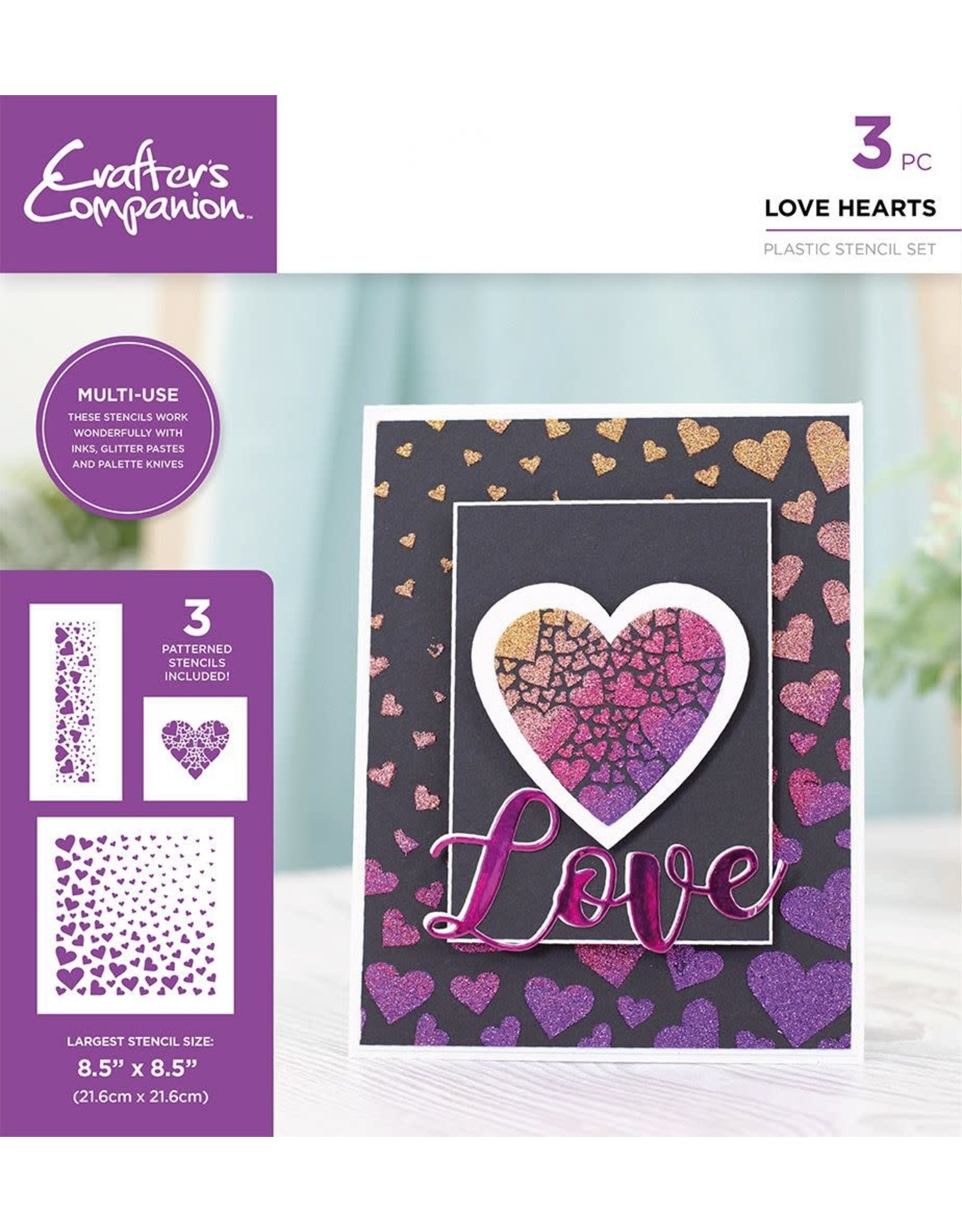 CRAFTERS COMPANION CRAFTERS COMPANION LOVE HEARTS 8.5x8.5 STENCIL SET 3/PK