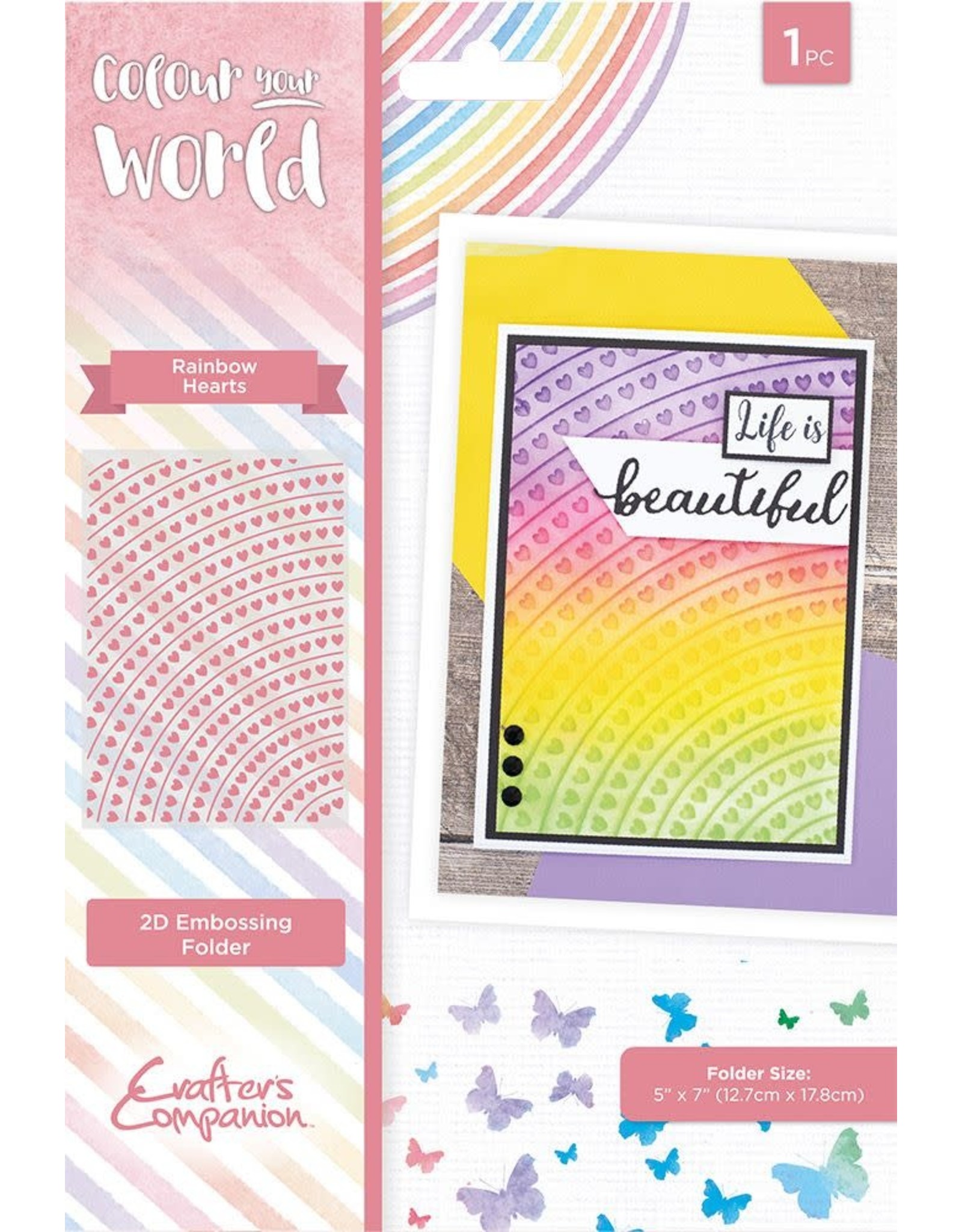 CRAFTERS COMPANION CRAFTER'S COMPANION COLOUR YOUR WORLD COLLECTION RAINBOW HEARTS EMBOSSING FOLDER