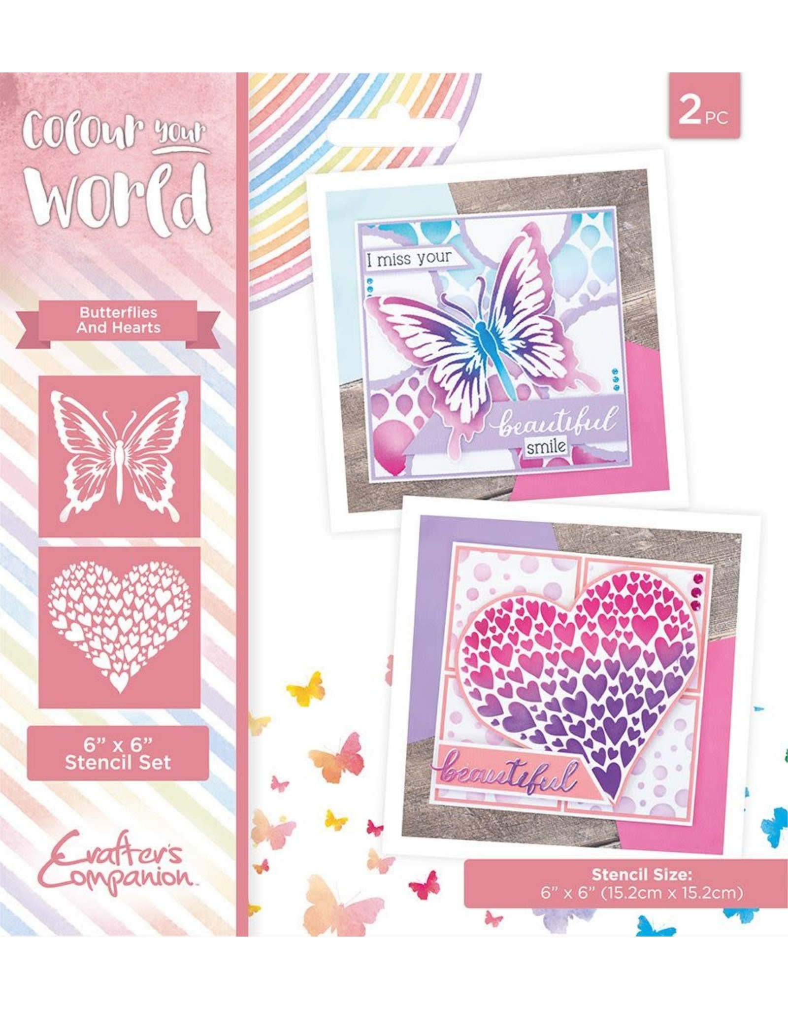 CRAFTERS COMPANION CRAFTER'S COMPANION COLOUR YOUR WORLD COLLECTION BUTTERFLIES AND HEARTS 6x6 STENCIL SET 2/PK