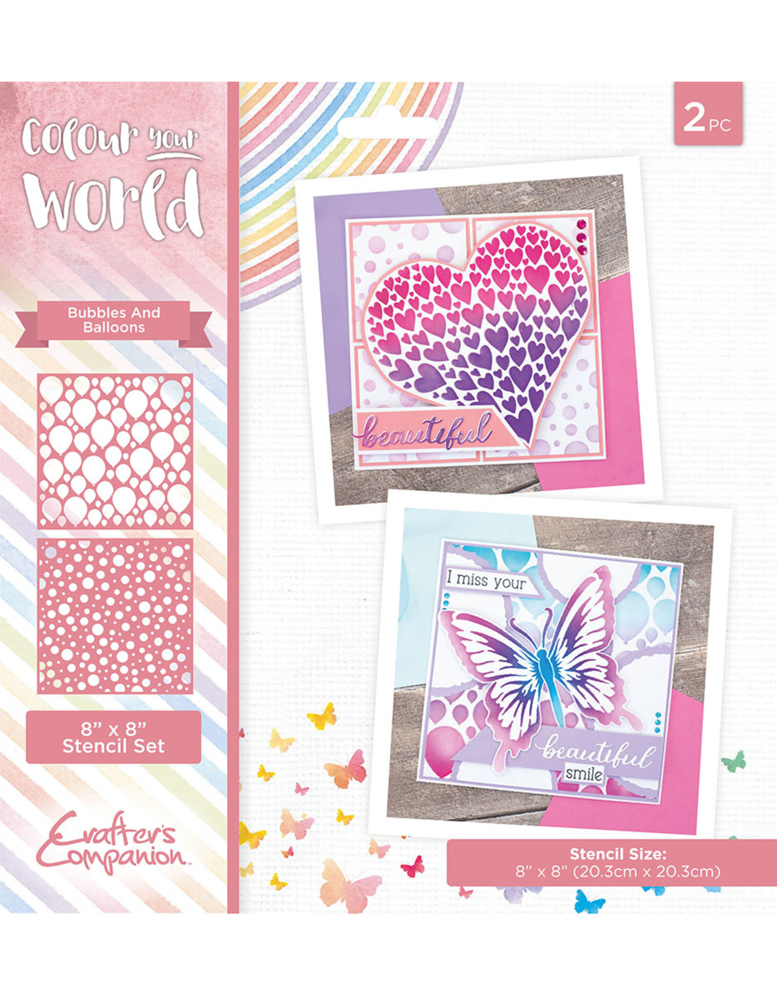 CRAFTERS COMPANION CRAFTER'S COMPANION COLOUR YOUR WORLD COLLECTION BUBBLES AND BALLOONS 8x8 STENCIL SET 2/PK