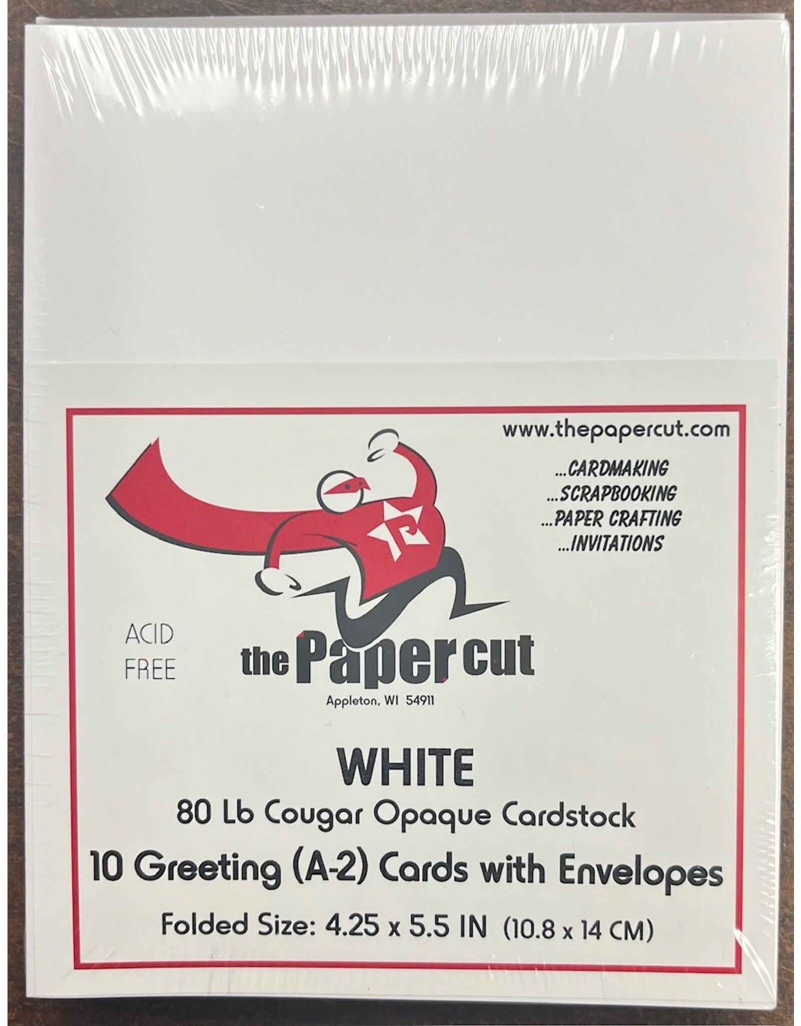 PAPER CUT THE PAPER CUT 10 GREETING (A-2) WHITE COUGAR OPAQUE 80 lb CARDS WITH ENVELOPES 4.25x5.5 FOLDED