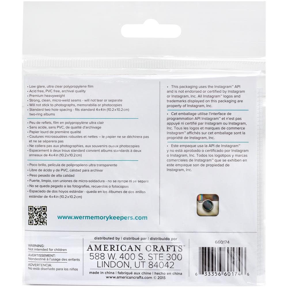 WE R MEMORY KEEPERS WE R MEMORY KEEPERS 4x4 RING PHOTO SLEEVES PAGE REFILLS 10PK