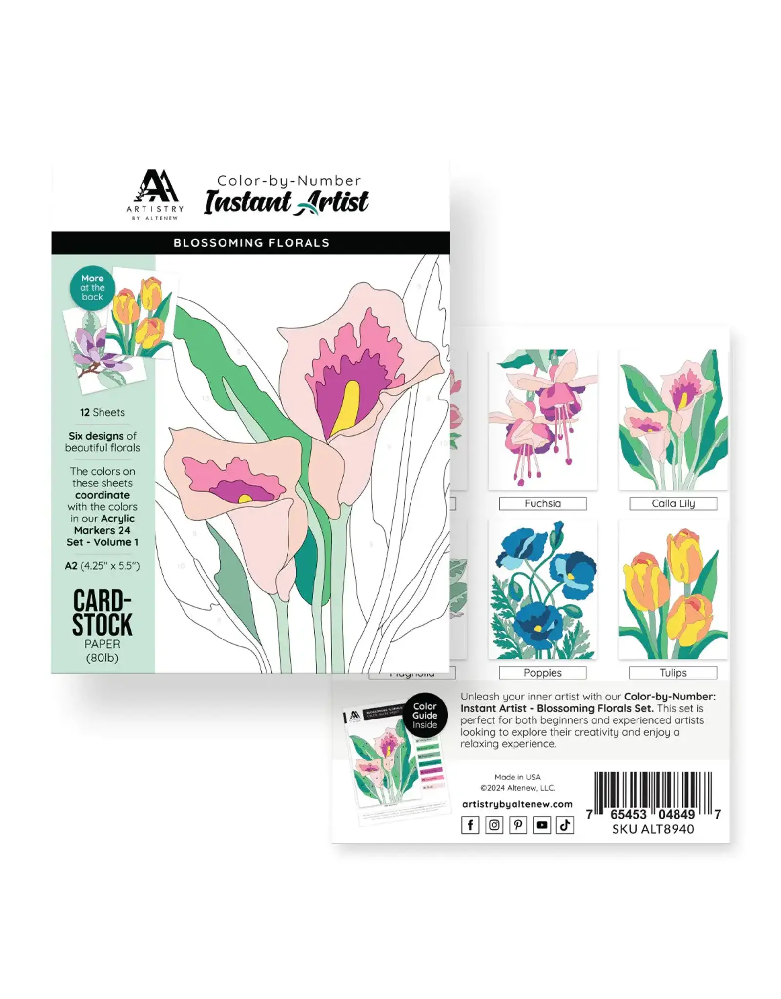 ALTENEW ALTENEW ARTISTRY COLOR-BY-NUMBER INSTANT ARTIST BLOSSOMING FLORALS 12 SHEETS