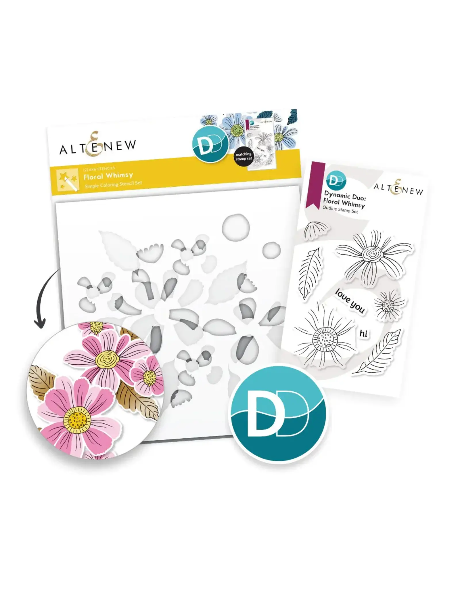 ALTENEW ALTENEW DYNAMIC DUO: FLORAL WHIMSY OUTLINE CLEAR STAMP AND STENCIL SET