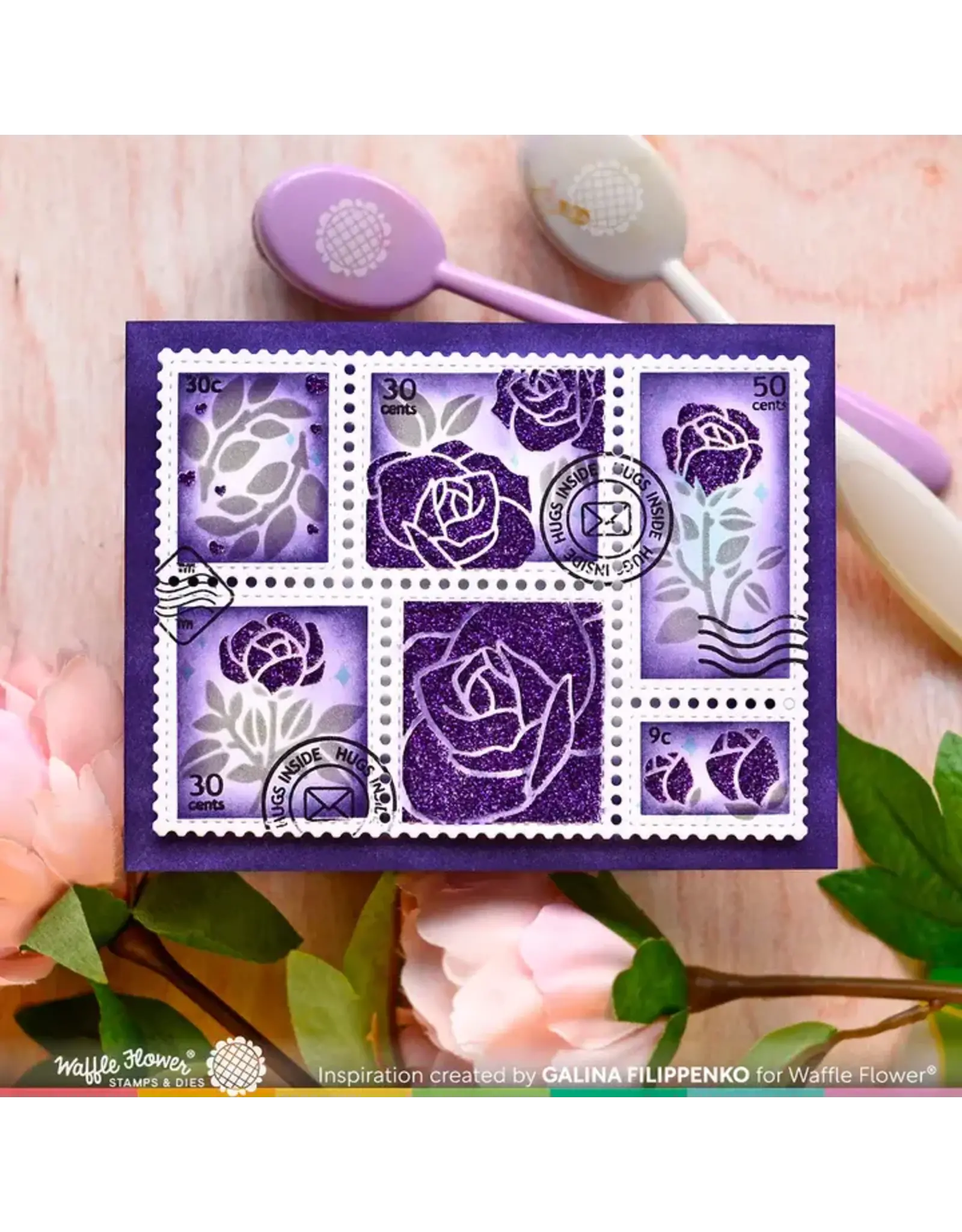 WAFFLE FLOWER WAFFLE FLOWER POSTAGE COLLAGE ROSE STENCIL 3/PK