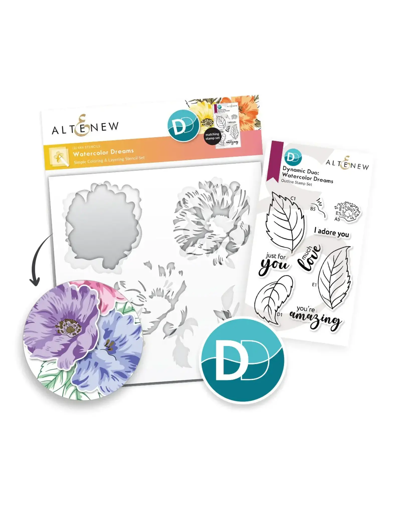 ALTENEW ALTENEW DYNAMIC DUO: WATERCOLOR DREAMS OUTLINE CLEAR STAMP AND STENCIL SET