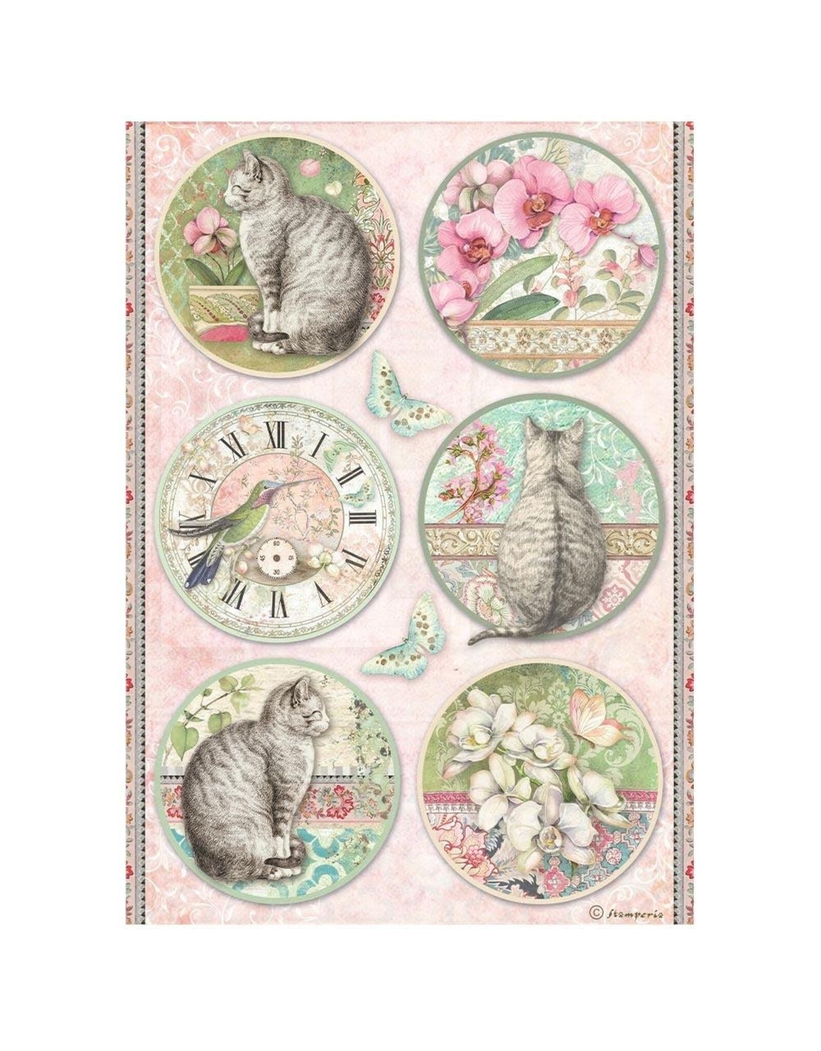 STAMPERIA STAMPERIA ORCIDS AND CATS ROUNDS RICE PAPER DECOUPAGE 21X29.7CM