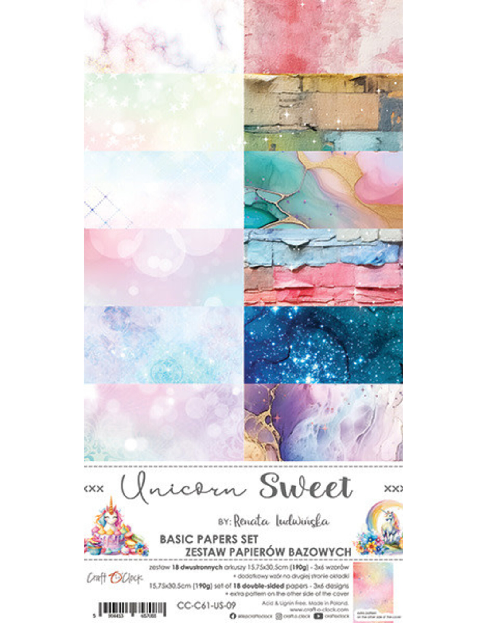 CRAFT O'CLOCK CRAFT O'CLOCK UNICORN SWEET BASIC PAPERS  SET 6x12  COLLECTION PACK 18 SHEETS