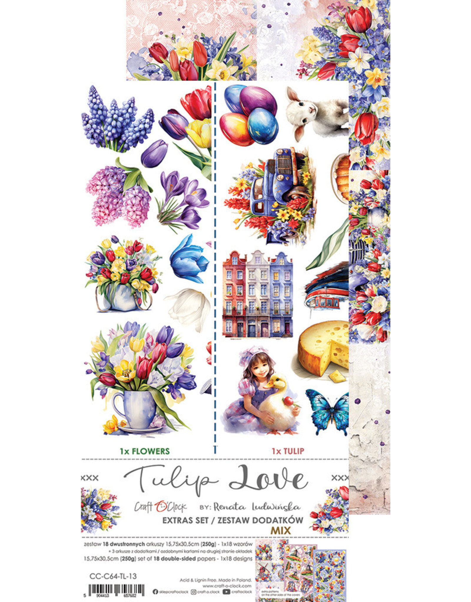CRAFT O'CLOCK CRAFT O'CLOCK TULIP LOVE EXTRAS SET FLOWER, TULIP 6x12  COLLECTION PACK 18 SHEETS